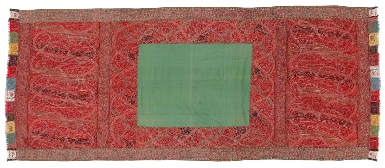 Kashmir Dochalla Long Shawl, India, 19th C.: Kashmir Dochalla Long Shawl, India, Late 19th C. 10'4'' x 4'4'' (315 x 132 cm). Wool. With green field, signature in corner of field.