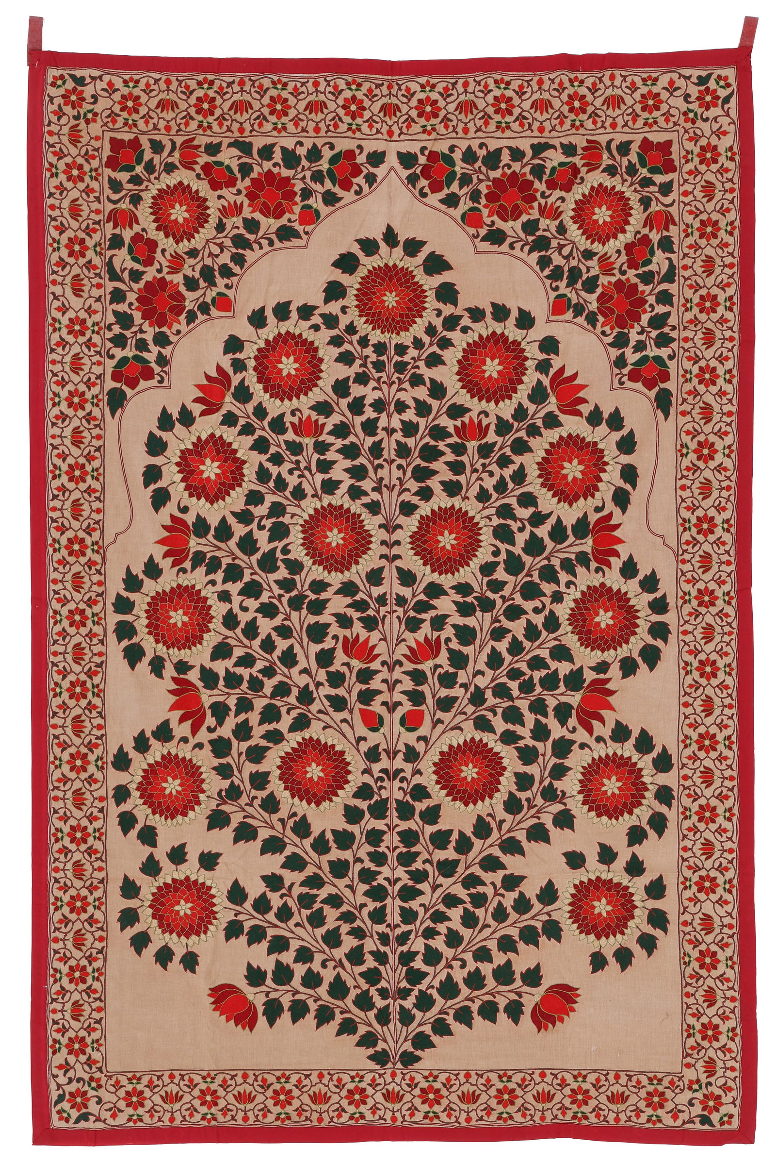 Mughal Style Silk Embroidered Wall Hanging, India: Mughal Style Silk Embroidered Wall Hanging, India. Size: 3'8'' x 5'6'' (112 x 168 cm). Silk embroidery on cotton.