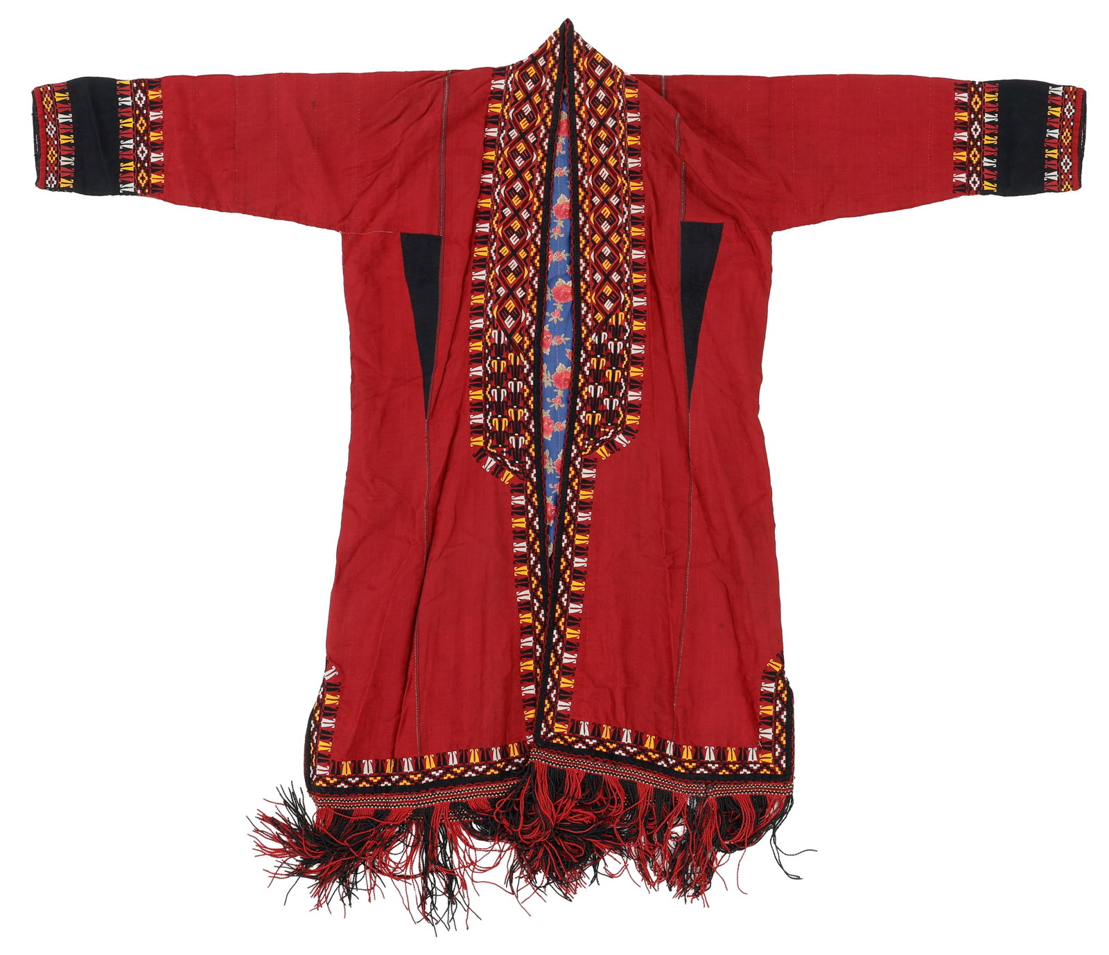 Antique Turkmen Silk and Cotton Chapan Robe, Early/Mid 20th C.: Antique Turkmen Silk and Cotton Chapan Robe, Early/Mid 20th C. Size: 4'10'' x 3'5'' (147 x 104 cm). Embroidery on cotton with Russian printed chintz lining.