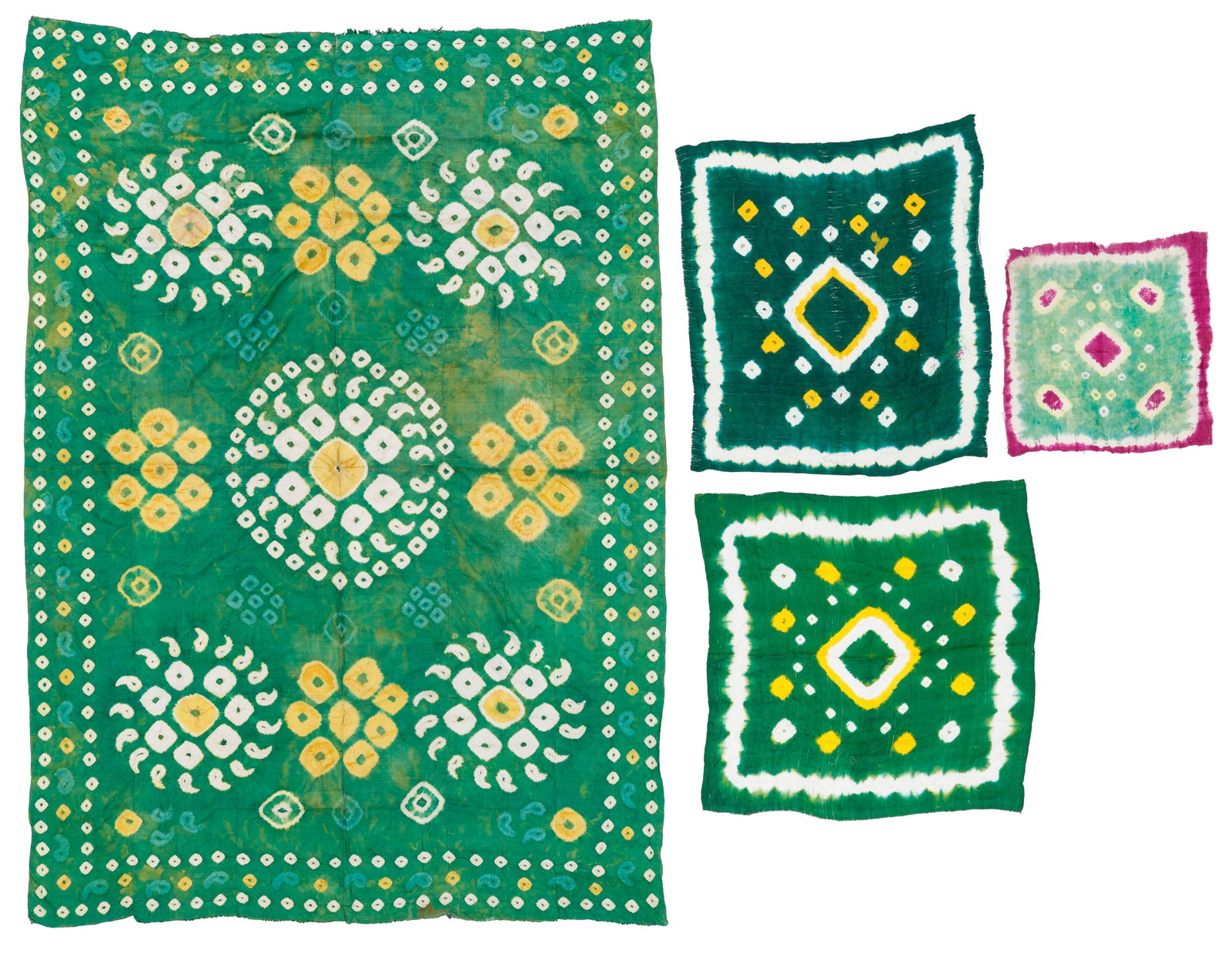 Four Uzbek Pelangi Resist-Dyed Silk Textiles: Four Uzbek Pelangi Resist-Dyed Silk Textiles. Ranging in size from: 1'11'' x 1'10'' (58 x 56 cm) to 6'0'' x 8'9'' (183 x 267 cm). Tie resist-dyed silk.
