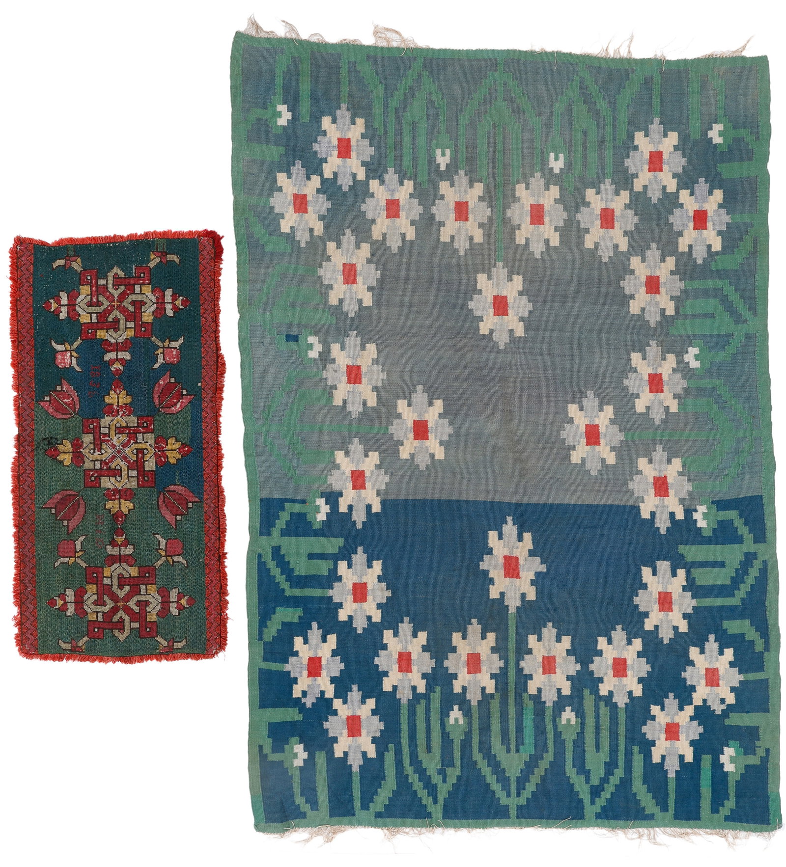 Two Swedish Rolakan Flatweaves, one dated 1836: Two Swedish Rolakan Flatweaves, one dated 1836. Sizes: 1) 3'3'' x 1'6'' (99 x 46 cm); 2) 4'1'' x 5'11'' (124 x 180 cm). Wool.
