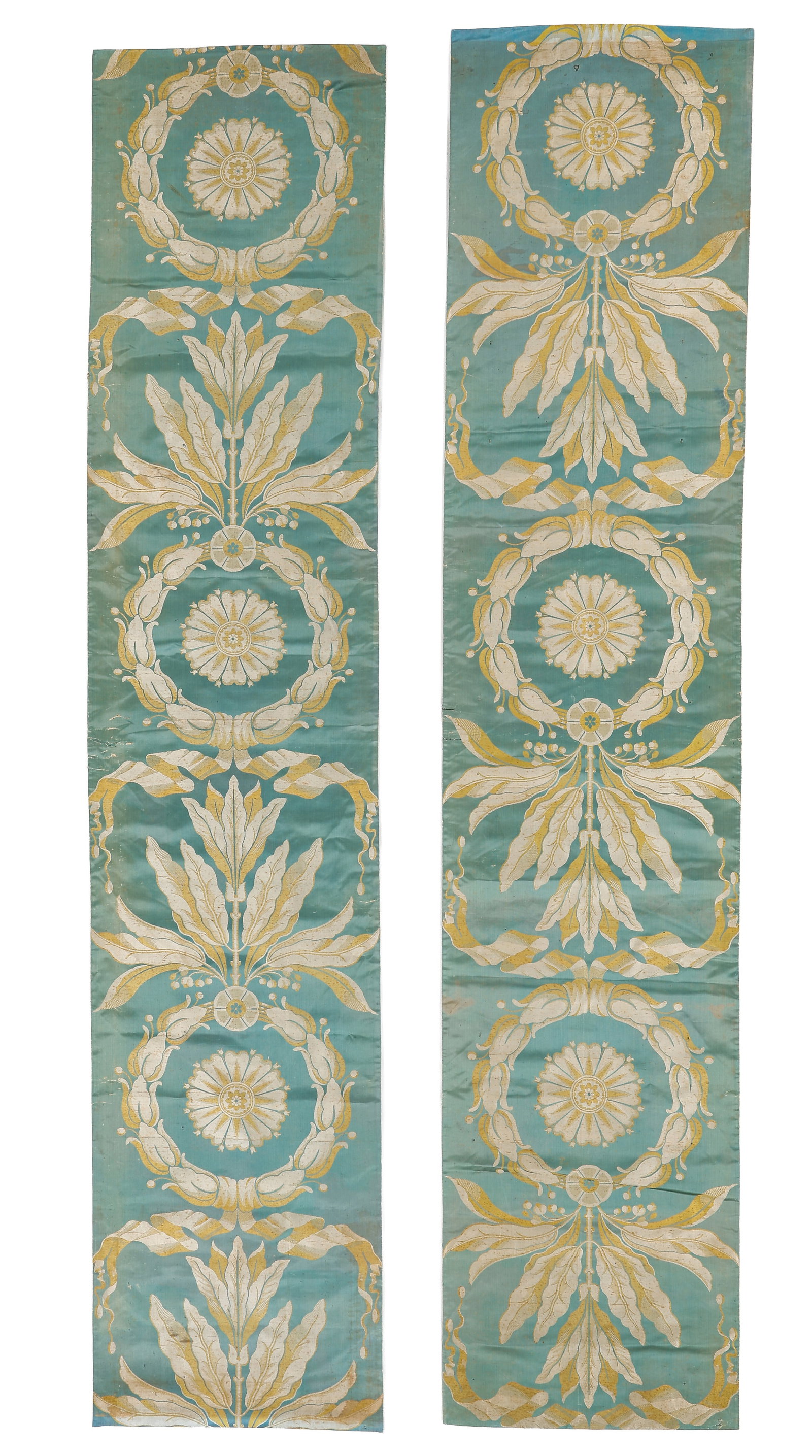 Pair of French Empire Silk Satin Panels, Lyons, Early 19th C.: Pair of French Empire Silk Satin Panels, Lyons, Early 19th C. Each 1'9'' x 8'5'' (53 x 257 cm). Silk satin. Provenance: private NY collection.