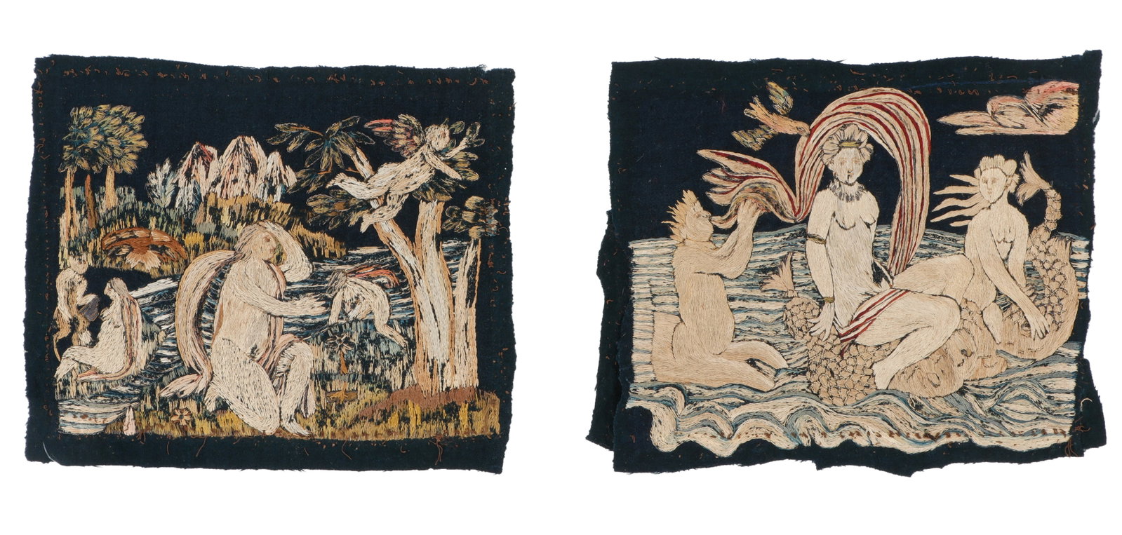2 Antique Narrative Figural Embroidery Panels, Europe: 2 Antique Narrative Figural Embroidery Panels, Europe. Each 0'11'' x 0'9'' (28 x 23 cm). Silk floss on cotton or linen. Lot includes a photograph of the original composition.