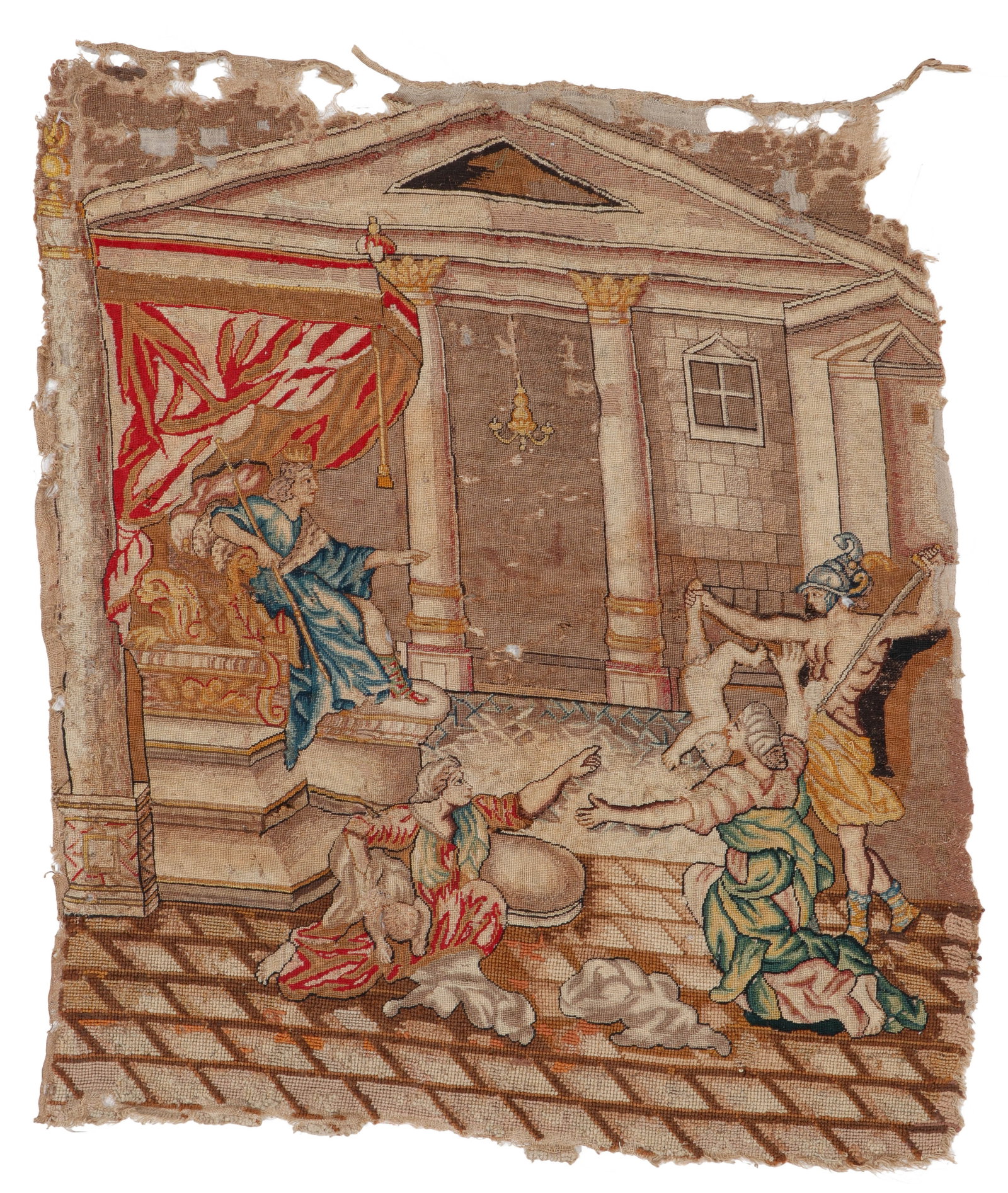 Antique Tapestry Fragment "The Judgment of Solomon": Antique Tapestry Fragment "The Judgment of Solomon." Size: 2'2'' x 2'6'' (66 x 76 cm). Wool. From Kings I, 3:16-28.