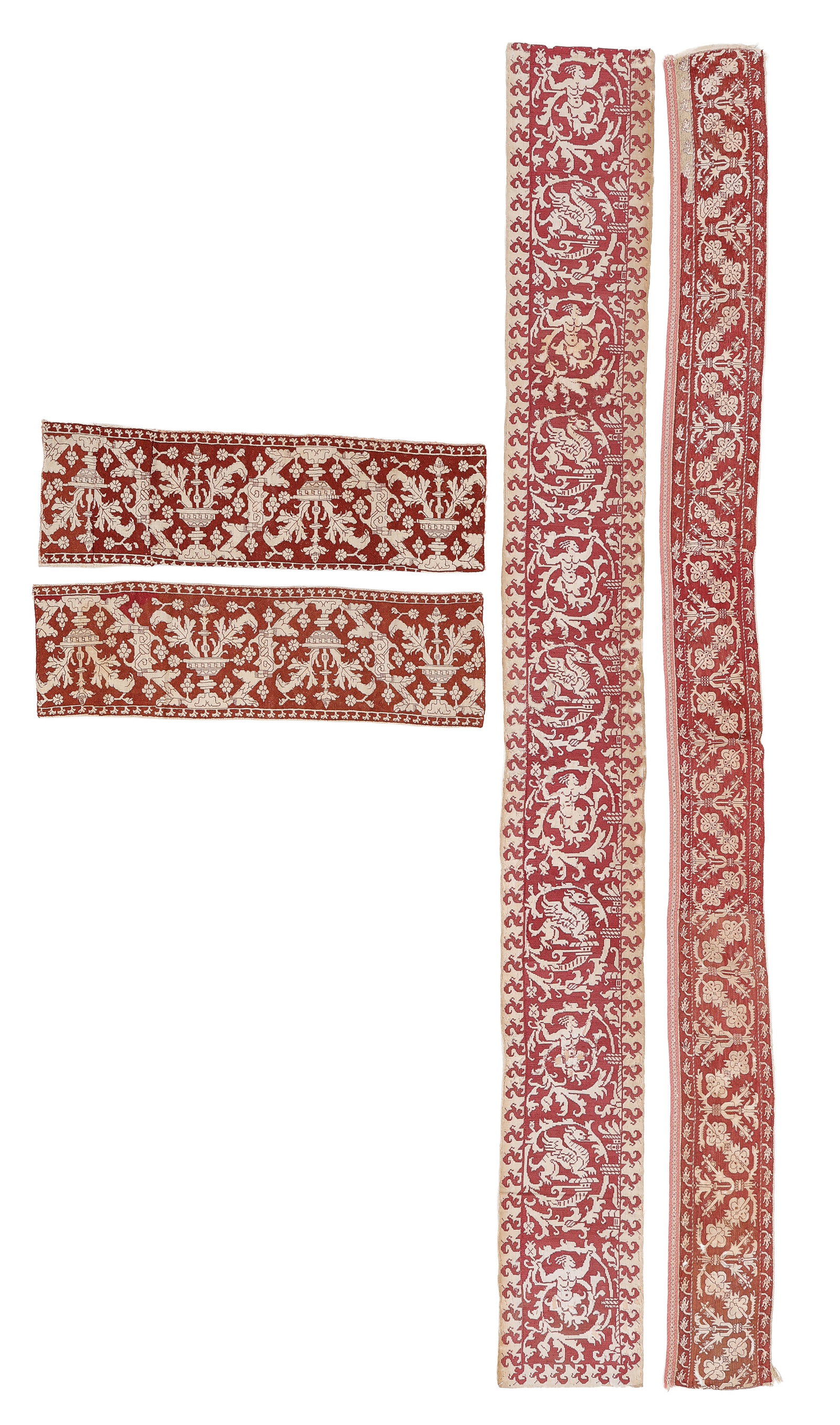 Italian Embroidered Panel Fragments, 17th C.: Italian Embroidered Panel Fragments, 17th C. Ranging in size from: 2'2'' x 0'8'' (66 x 20 cm) to 0'9'' x 6'9'' (23 x 206 cm). Embroidery on linen with chimera, urns, and foliate scrolls. Provenance: p