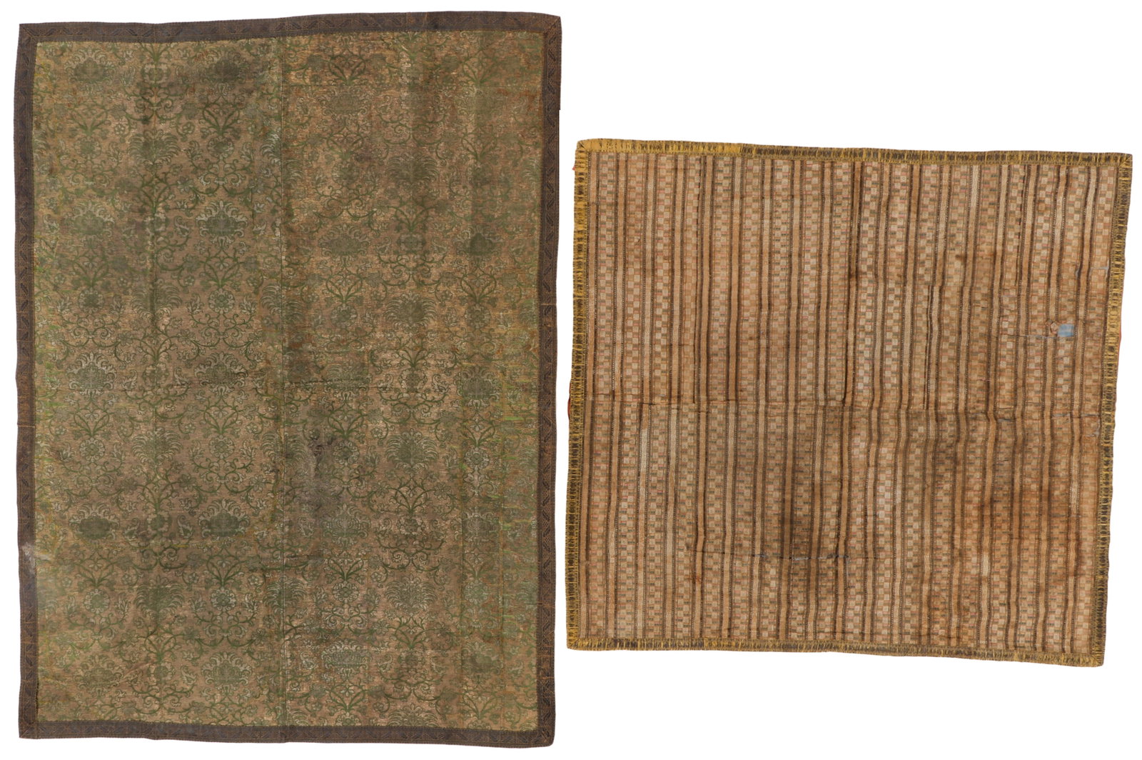 Two Continental European Silk Brocade Panels, 18th/19th C.: Two Continental European Silk Brocade Panels, 18th/19th C. Sizes: 1) 3'9'' x 3'6'' (114 x 107 cm); 2) 3'9'' x 5'0'' (114 x 152 cm). Silk and metal thread brocade with applied metal woven trim. Provena