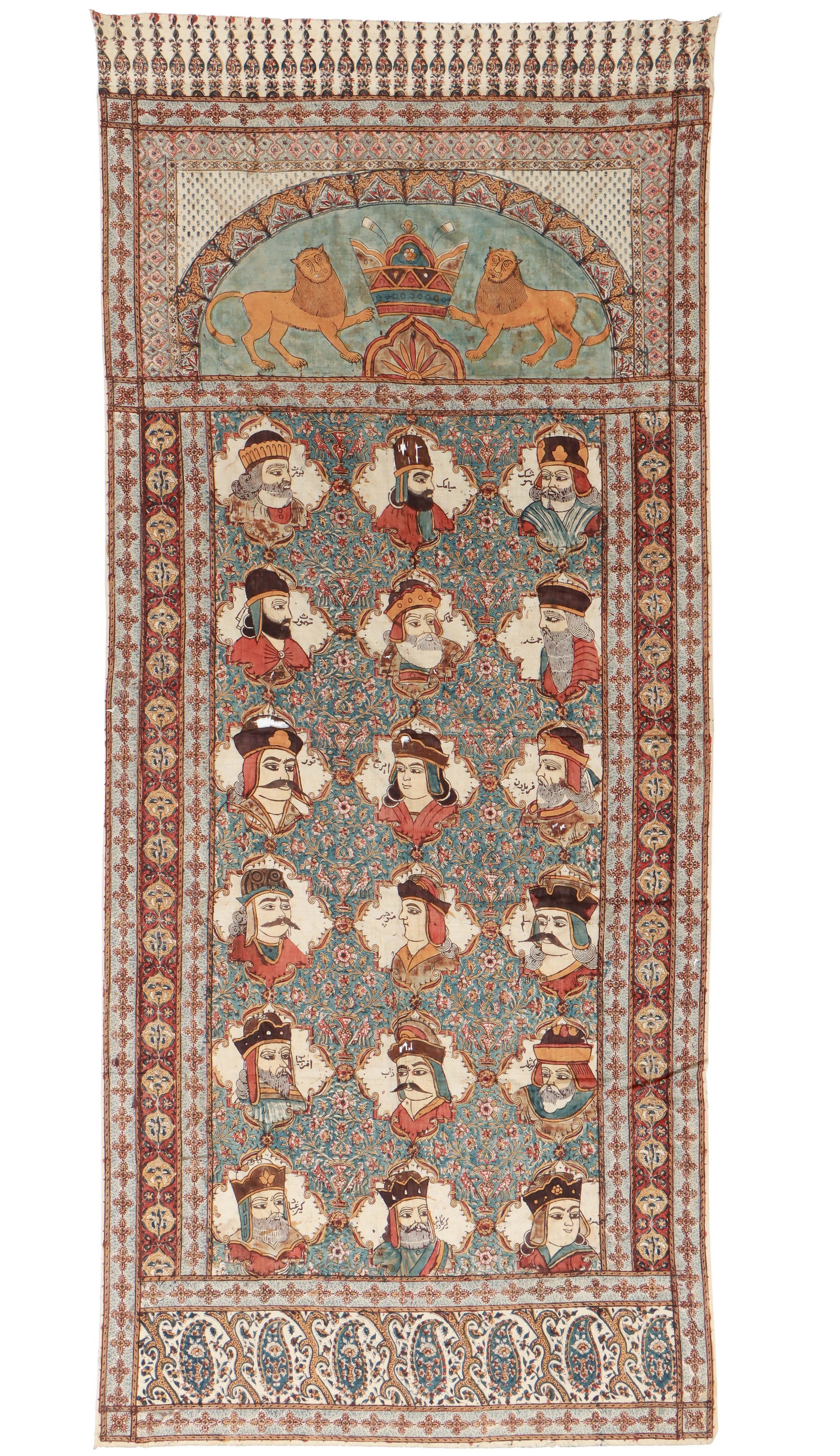 Kalamkari Pictorial Persian Kings Hanging, Persia, 19th C., 8'3'' x 3'7'': Kalamkari Pictorial Persian Kings Hanging, Persia, 19th C. Size: 3'7'' x 8' 3'' (109 x 251 cm). Cotton.