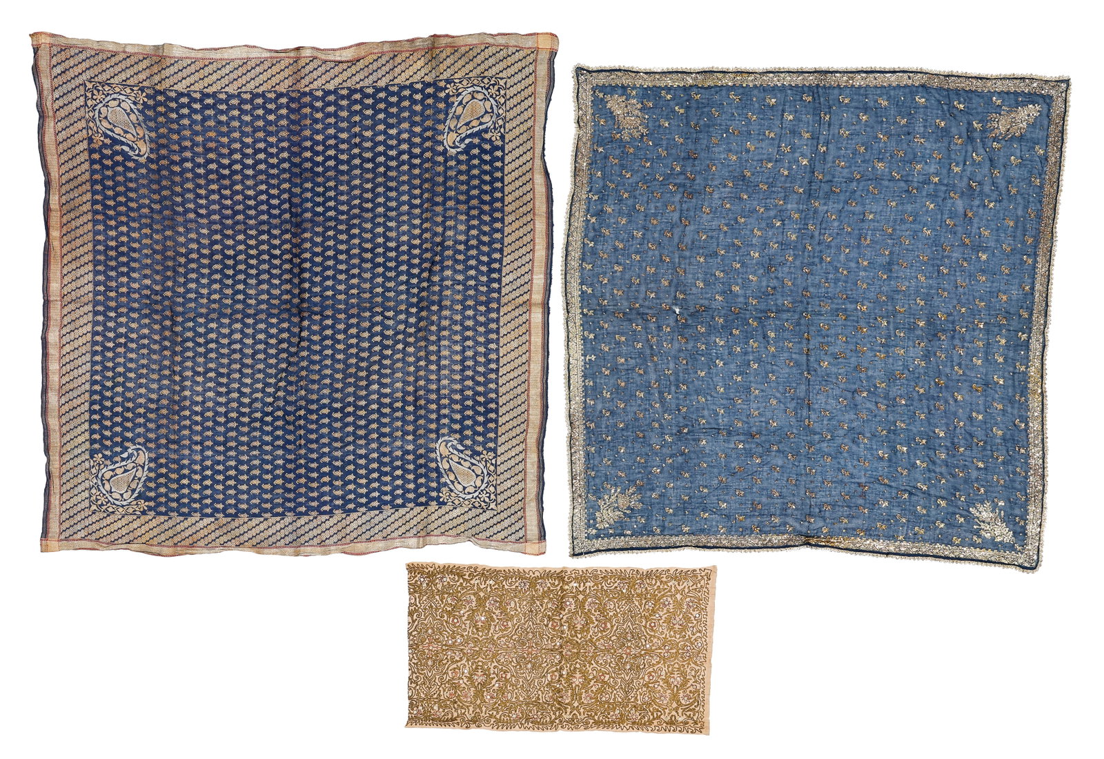 Group of Persian and North African Textiles, Late 19th/Early 20th C.: Group of Persian and North African Textiles, Late 19th/Early 20th C. Ranging in size from: 2'5'' x 1'4'' (74 x 41 cm) to 3'11'' x 3'10'' (119 x 117 cm). Gilt brocade silk shawl with stylized floral re