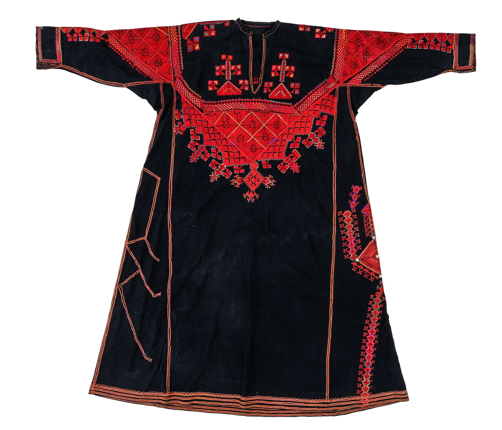 Woman's Dress, Saraqib Region, Syria, Early-Mid 20th C.: Woman's Dress, Saraqib Region, Syria, Early-Mid 20th C. Size: 4'9'' x 4'4'' (145 x 132 cm). Cotton with silk embroidery, cross- and fishbone-stitching.