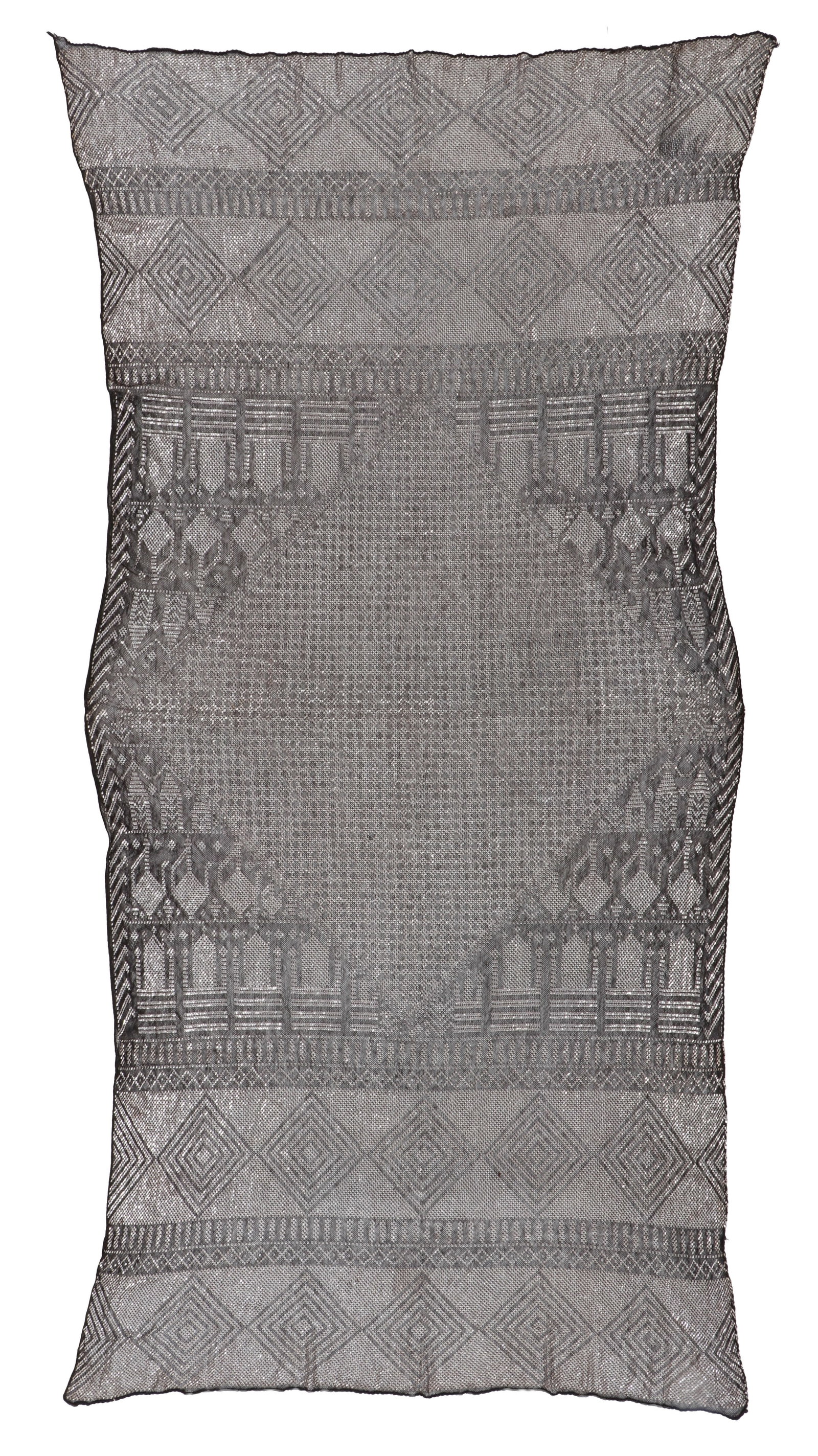 Assiut Metal Embellished Shawl, Egypt, Early 20th C.: Assiut Metal Embellished Shawl, Egypt, Early 20th C. Size: 7'1'' x 3'5'' (216 x 104 cm). Applied metal strips on cotton netting. This technique is also referred to as tulle-bi-telli.