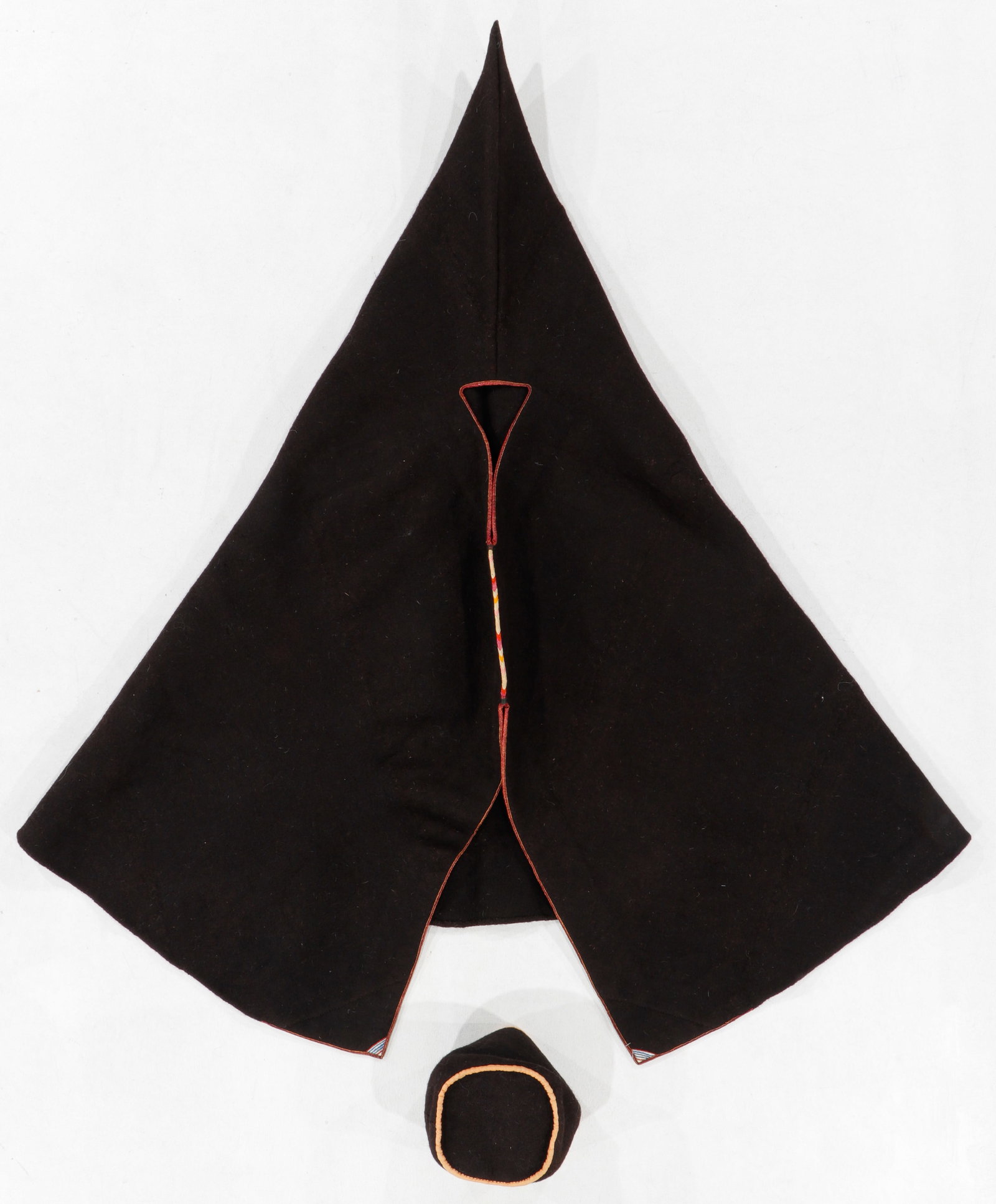 Vintage Berber Hooded "Akhnif Cape", Morocco: Vintage Berber Hooded "Akhnif Cape", Morocco. Size: 4'9'' x 4'5'' (145 x 135 cm). Felted wool with leather trim. Provenance: Estate of Michelle Gilbert.
