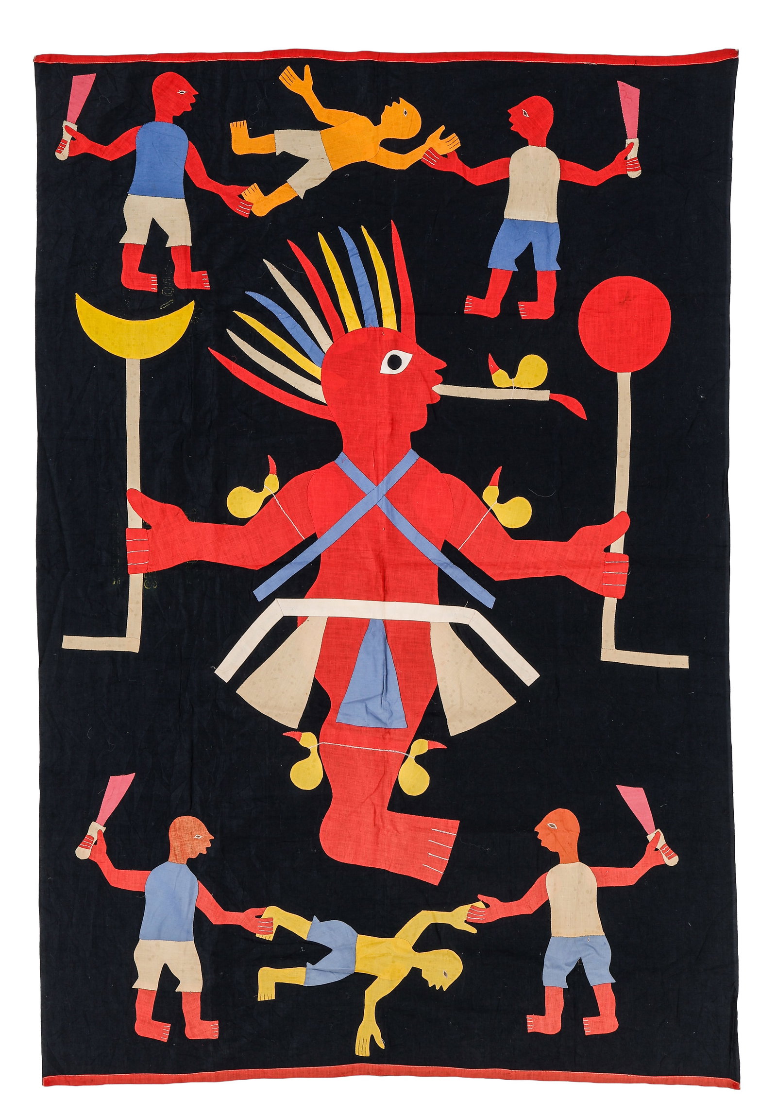 Fon Tribe Applique Banner Depicting Hevioso, Dahomey Kingdom, Benin, Mid 20th C.: Fon Tribe Applique Banner Depicting Hevioso, Dahomey Kingdom, Benin, Mid 20th C. Size: 3'9'' x 5'6'' (114 x 168 cm). Depicts Hevioso, the God of Thunder.