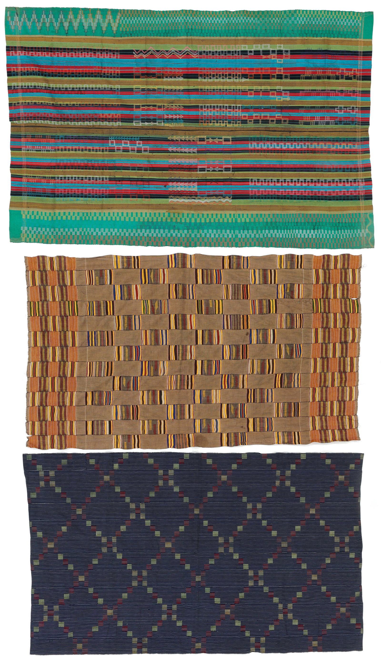 Three Ewe Kente Cloths, Ghana, Mid 20th C.: Three Ewe Kente Cloths, Ghana, Mid 20th C. Ranging in size from: 3'5'' x 6'0'' (104 x 183 cm) to 4'5'' x 6'8'' (135 x 203 cm). Cotton and silk.