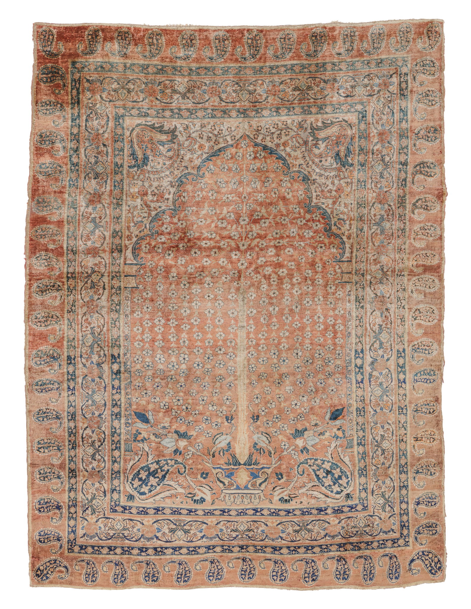 Silk Heriz Mediation Rug, Persia, Late 19th C., 4'1'' x 5'7'': Silk Heriz Mediation Rug, Persia, Late 19th C., 4'1'' x 5'7'' (124 x 170 cm). Weight: 10 lbs. Material: silk pile, silk warp. cotton weft. Provenance: Ex-Estate Collection of Dr. Jack C. and Alice M. 