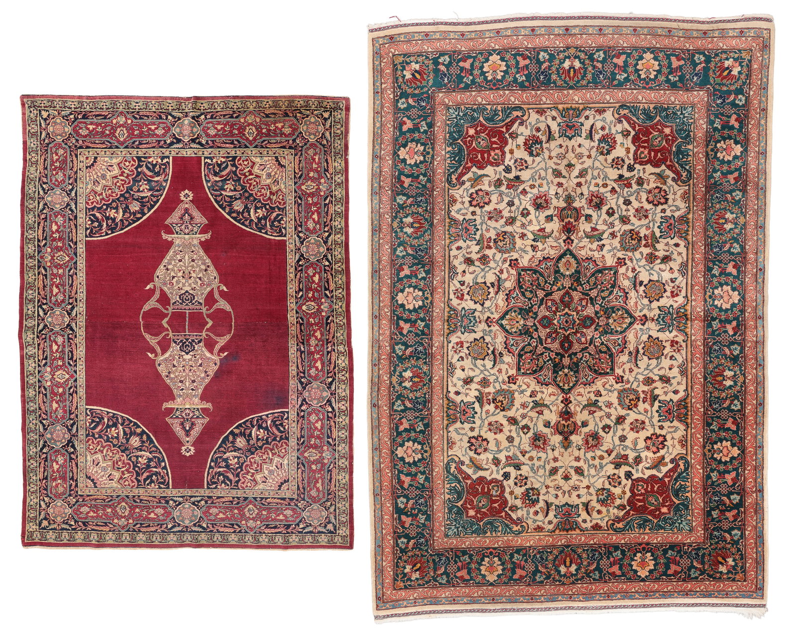 2 Tabriz Rugs, Persia, Ca. 1900/40: 2 Tabriz Rugs, Persia, Ca. 1900/40, including a red field Hadji Jalil Tabriz (cut and joined) and a larger ivory field Tabriz rug: 6'5'' x 9'3'' (196 x 282 cm). Weight: 60 lbs. Material: wool pile, co