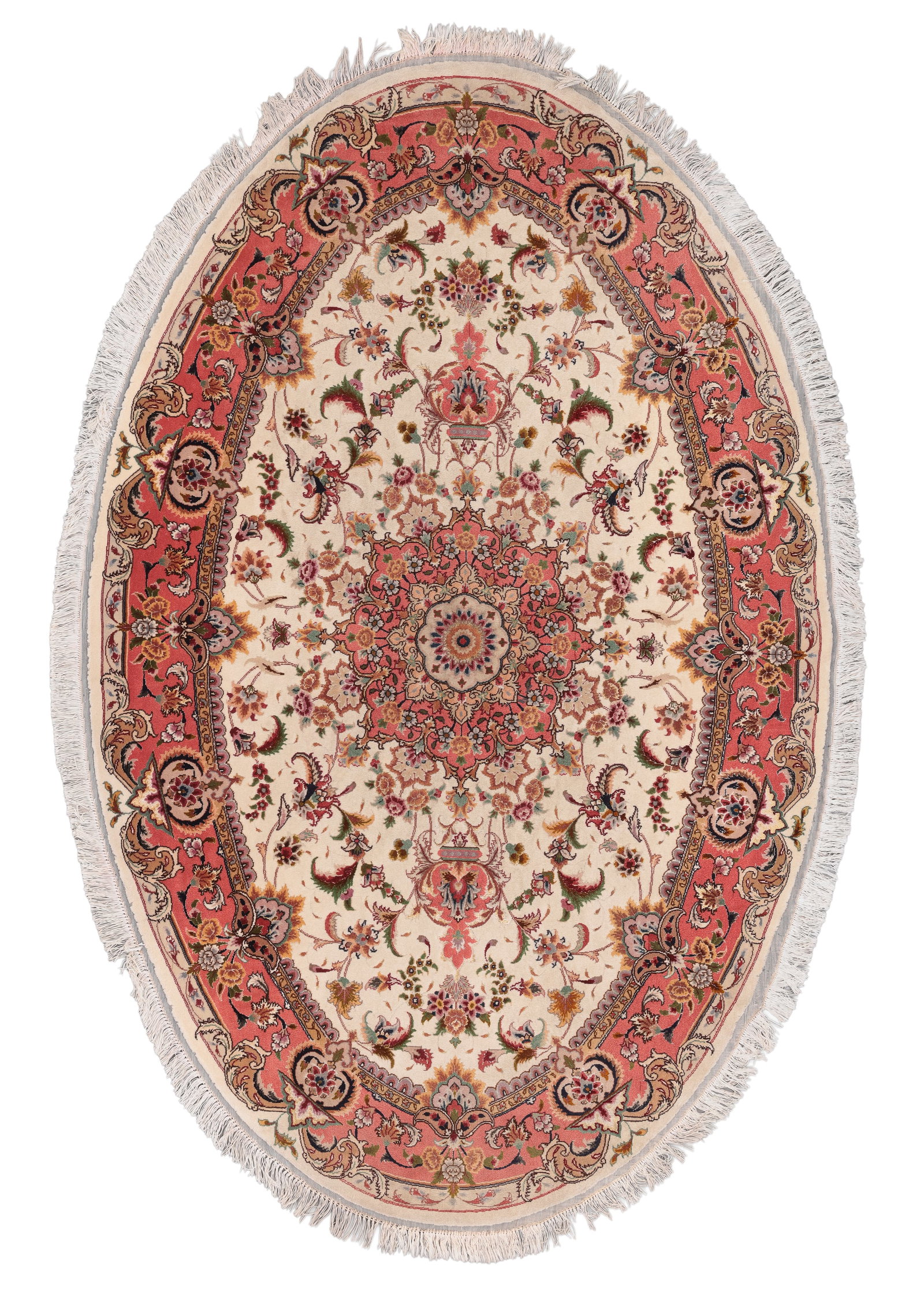 Oval Tebriz Rug, Persia, Late 20th C., 4'5'' x 6'10'': Oval Tebriz Rug, Persia, Late 20th C., 4'5'' x 6'10'' (135 x 208 cm). Weight: 14 lbs. Material: wool pile with silk highlights.