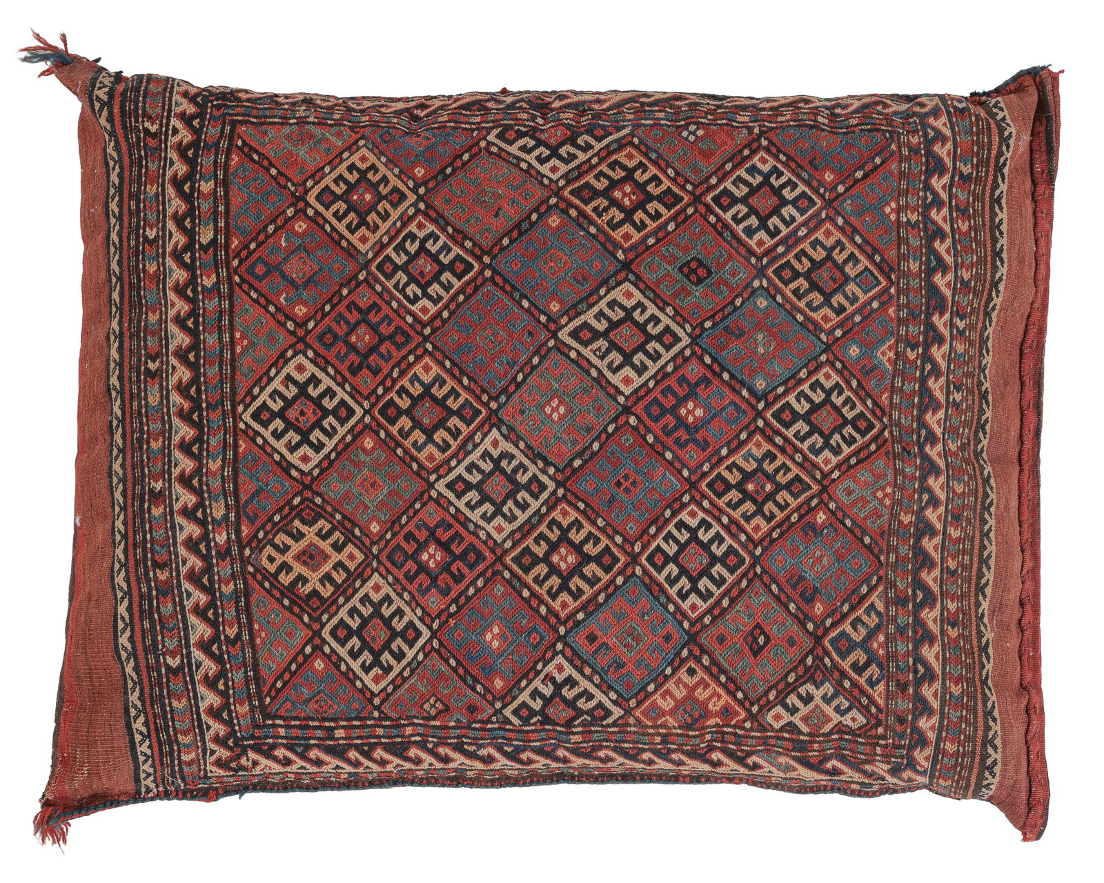 Large Kurd Sumak Chuval Cushion, Persia, Ca. 1900, 3'0'' x 2'5'': Large Kurd Sumak Chuval Cushion, Persia, Ca. 1900, 3'0'' x 2'5'' (91 x 74 cm). Weight: 12 lbs. Wool.
