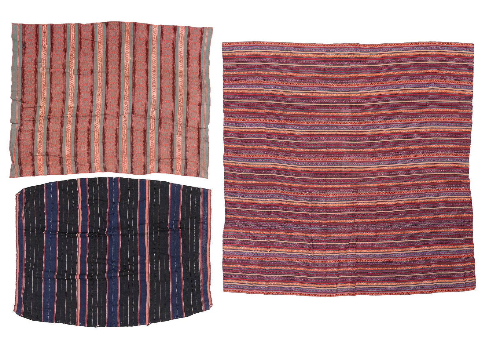 3 Striped Kilims, Morocco/Persia, Early 20th C.: 3 Striped Kilims, Morocco/Persia, Early 20th C., largest: 6'6'' x 7'0'' (198 x 213 cm). Weight: 12 lbs. Material: wool surface, wool warp.