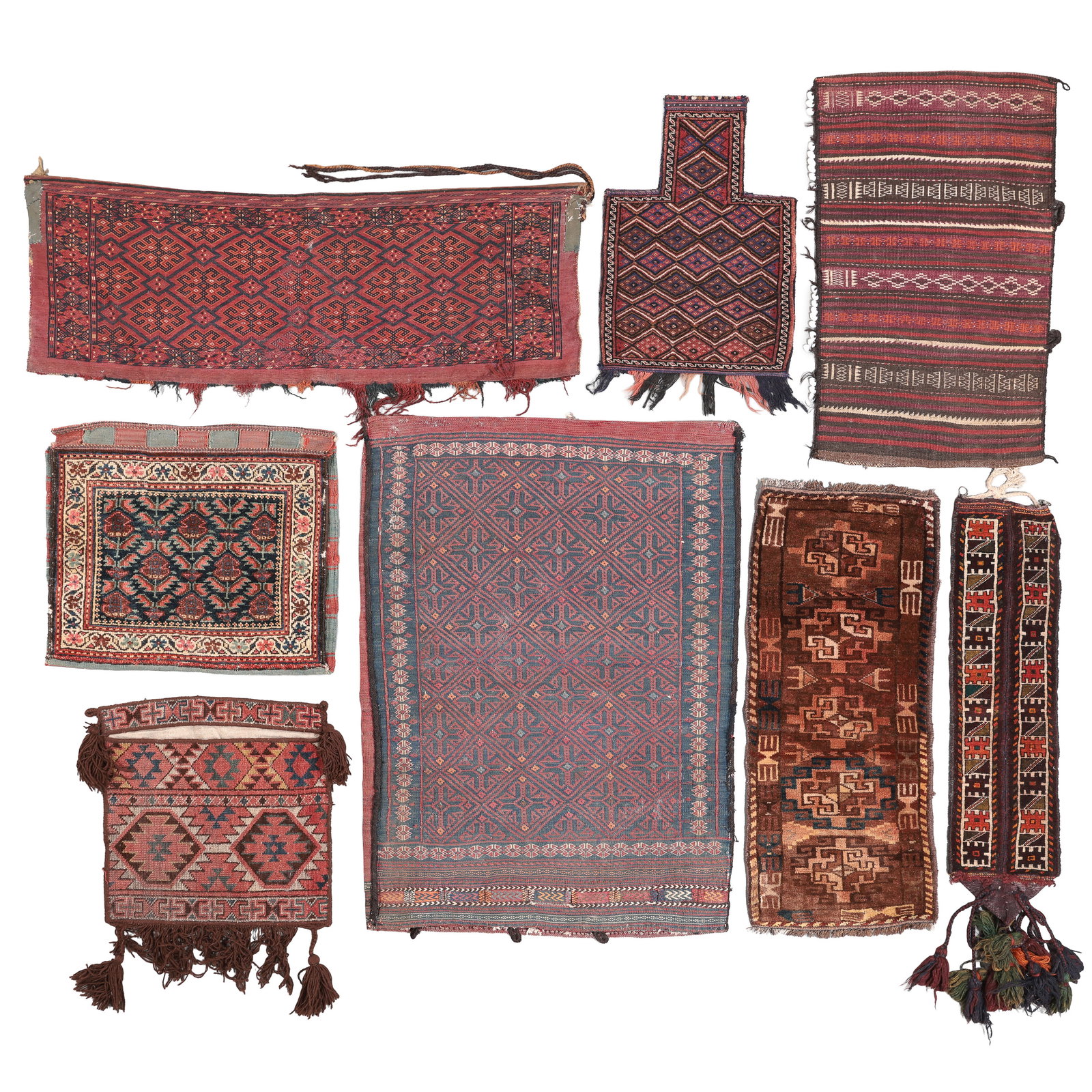 Group of 8 Tribal Trappings, Persia/Afghanistan, Late 19th/Early 20th C.: Group of 8 Tribal Trappings, Persia/Afghanistan, Late 19th/Early 20th C., largest: 3'9'' x 3'9'' (114 x 114 cm). Weight: 23 lbs. Wool.