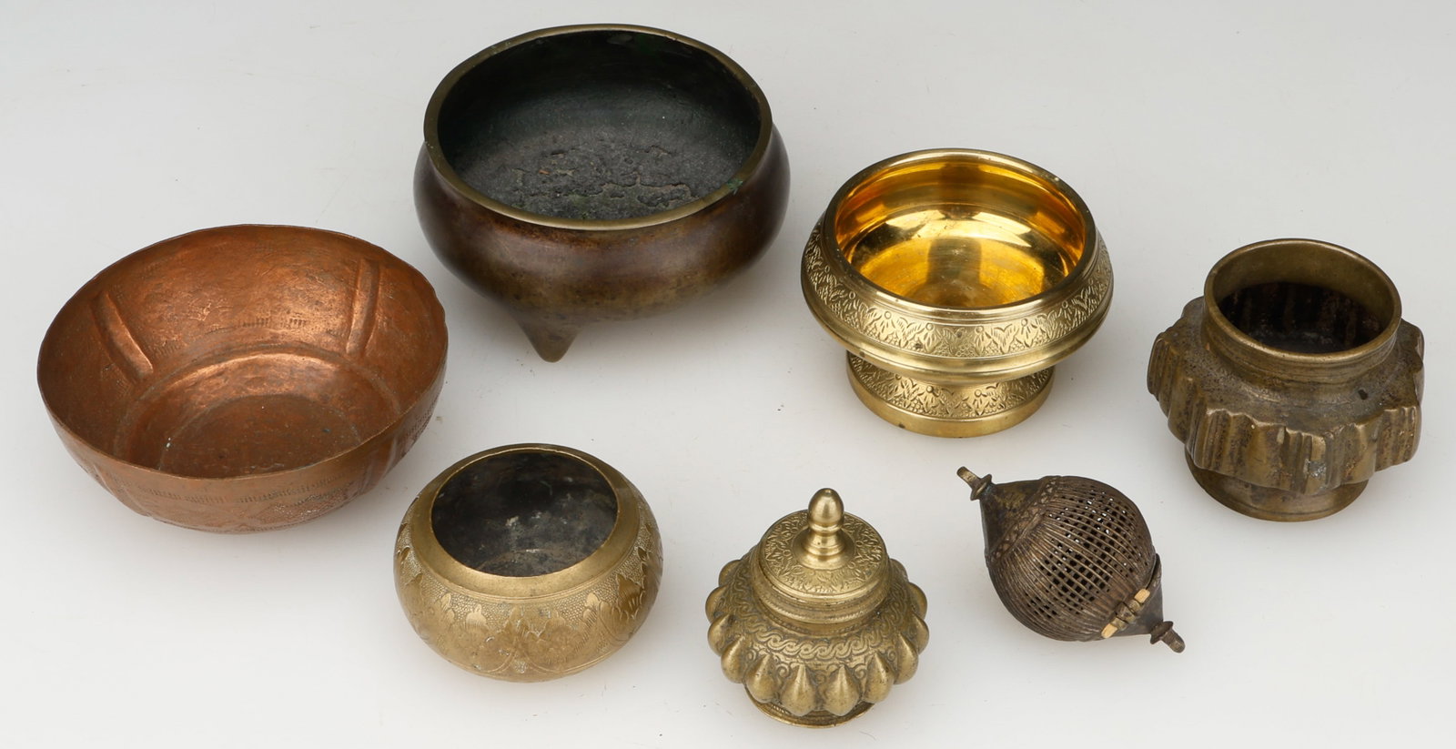 Collector's Lot Of Chinese And Indonesian Assorted Metal Vessels, ex Ashabranner Collection: Collector's Lot Of Chinese And Indonesian Assorted Metal Vessels. Sizes From: 2.5'' x 2.5'' x 2.5'' (6 x 6 x 6 cm); To: 2.5'' x 4.5'' x 4.5'' (6 x 11 x 11 cm). Total weight: 3.5 lbs. Provenance: Ex. B