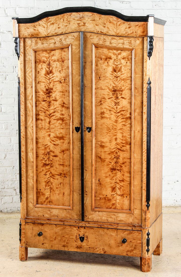 Period Biedermeier Maple Armoire: Period Biedermeier Maple Armoire. Nice size. Partially restored to fit television then reverted to original state. Size: 75" x 42" x 22", 191 x 107 x 56 cm.