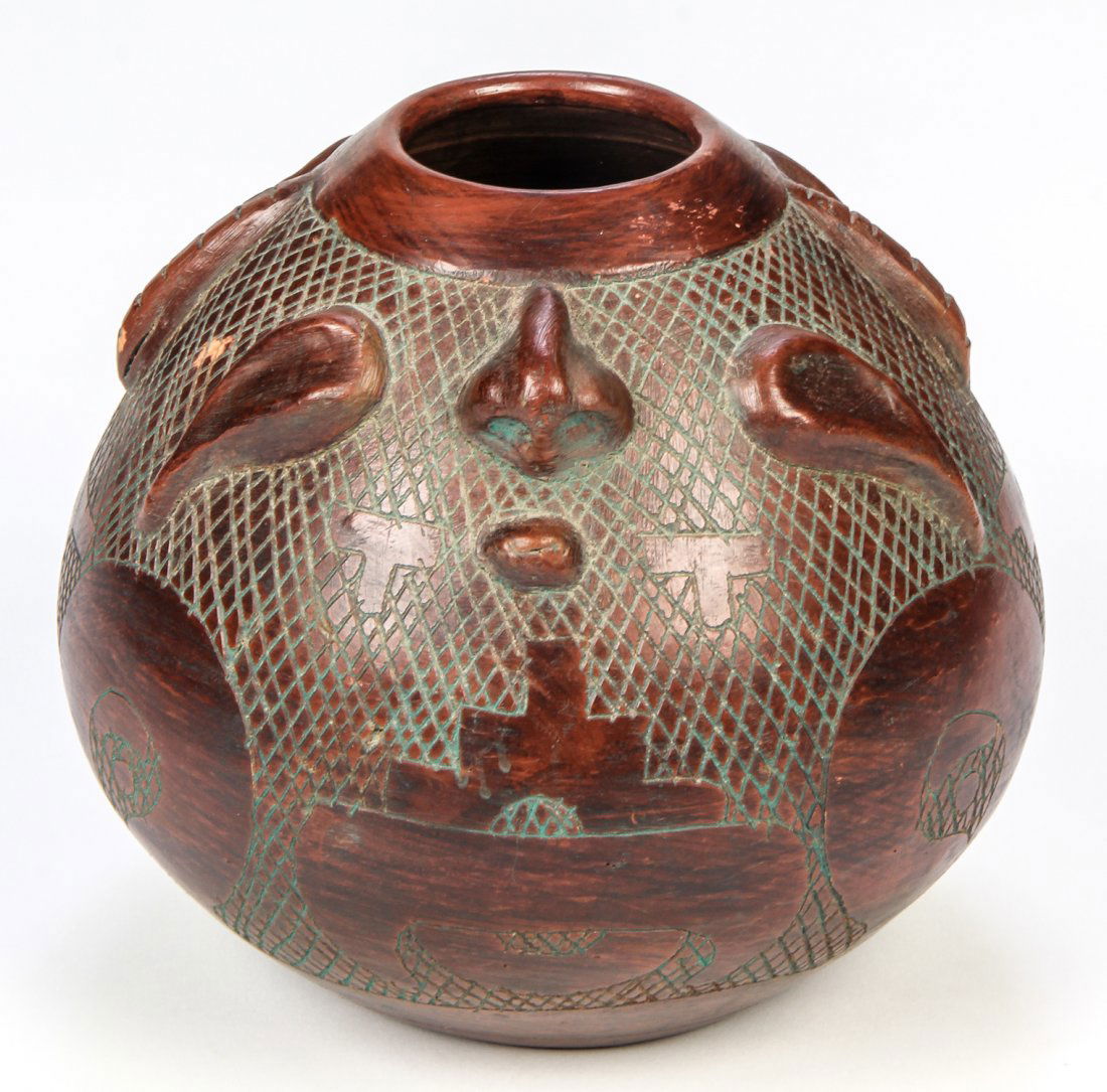 Folk Art Molded and Incised Redware "Face" Pot: Folk Art Molded and Incised Redware "Face" Pot. Minor losses, no cracks. Size: 8" x 8" x 8", 21 x 21 x 21 cm.