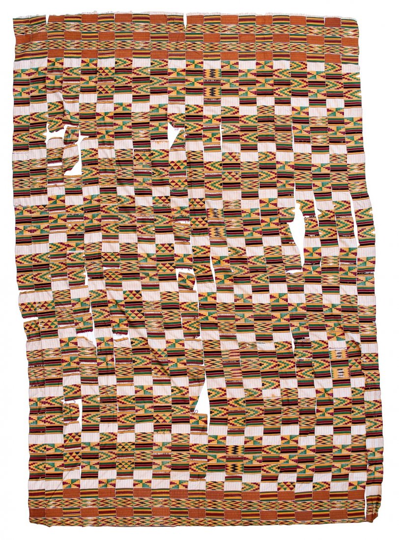 Fine Kente Cloth. Early 20th C.: Fine Kente Cloth. Early 20th c, tears, loose strips. Size: 83" x 125", 211 x 318 cm.