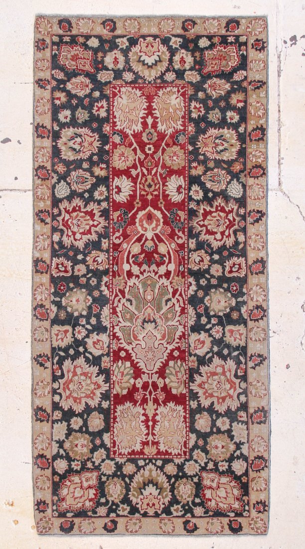 Classical Agra Rug: 4'2" x 9'2": Classical Agra Rug, India, cherry red field, charcoal border, minor wear. Size: 4'2" x 9'2". Cost for us to pack and ship this item via UPS GROUND in the continental USA (includes insurance and signat