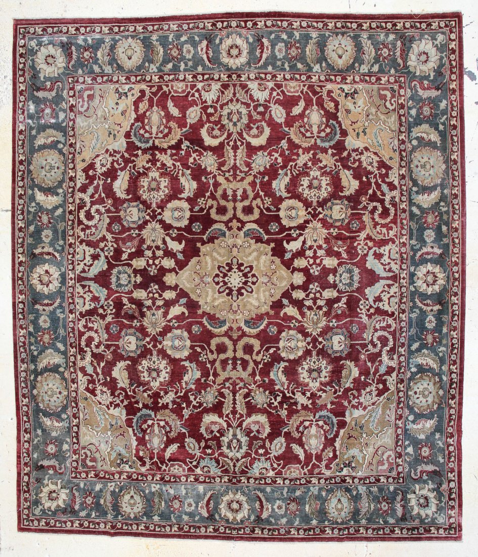 Classical Agra Carpet: 10'4" x 12'1": Classical Agra Carpet, India, wool, natural dyes, areas of wear. Size: 10'4" x 12'1".