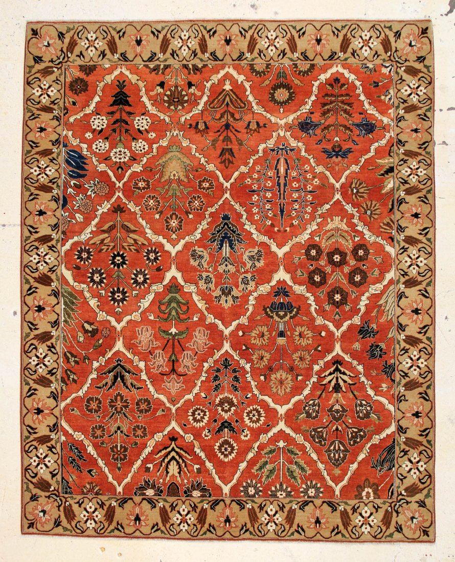 Agra Carpet: 7'6" x 9'5": Agra Carpet, India, natural dyes, areas of minor wear. Size: 7'6" x 9'5". Cost for us to pack and ship this item via UPS GROUND in the continental USA (includes insurance and signature required): $95.