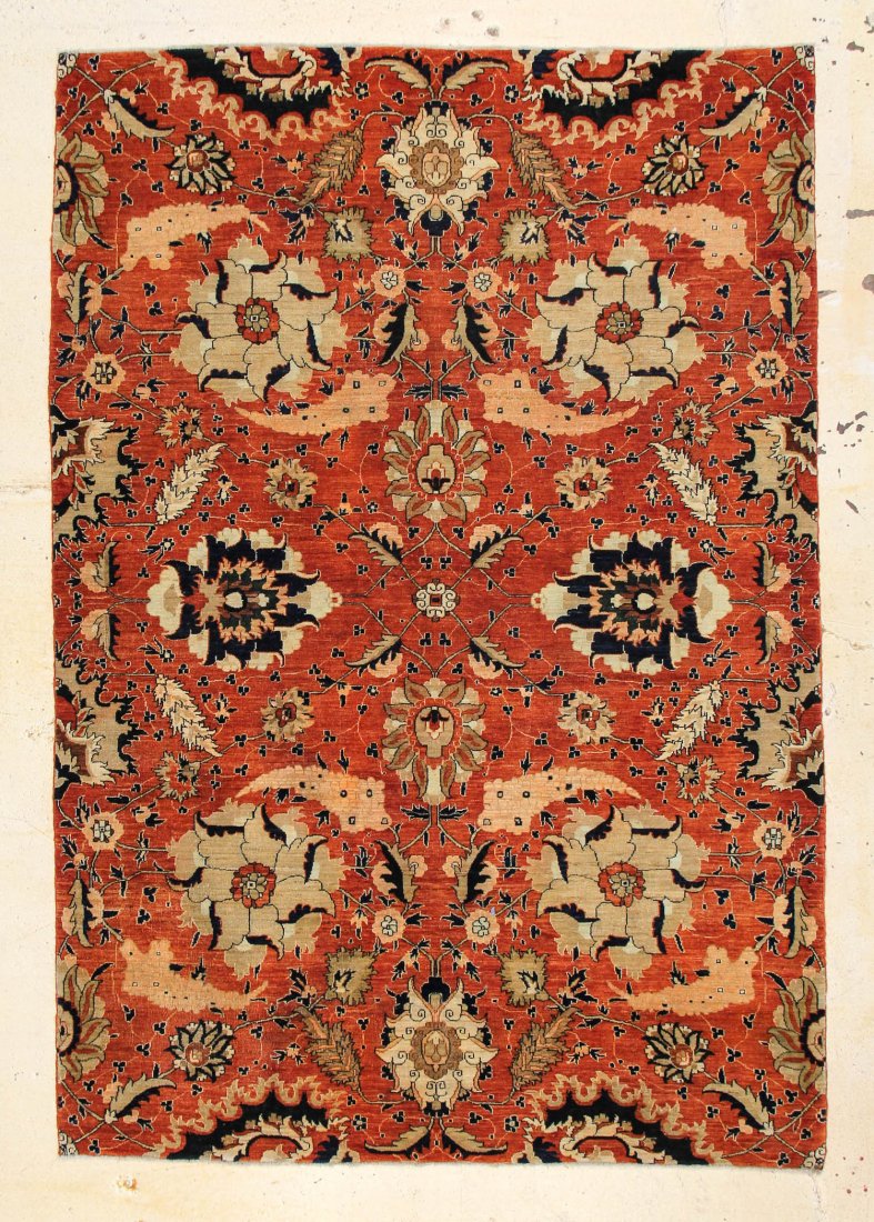 Agra Rug: 6'1" x 8'5": Agra Rug, India, natural dyes, minor wear. Size: 6'1" x 8'5", 2.03 x 2.57 m . Cost for us to pack and ship this item via UPS GROUND in the continental USA (includes insurance and signature required): 