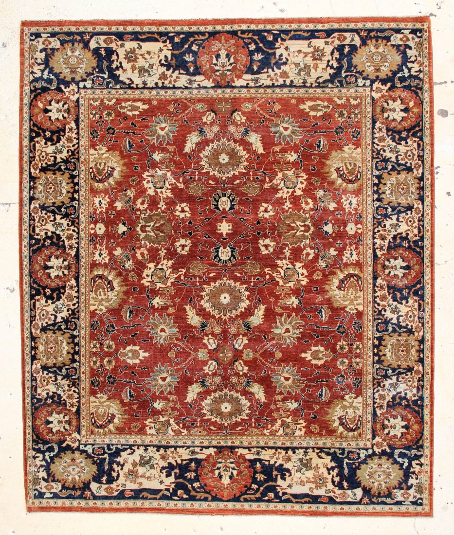 Sultanabad Style Carpet: 8'10" x 9'6": Sultanabad Style Carpet, India, natural dyes, minor wear. Size: 8'10" x 9'6", 2.44 x 2.9 m. Cost for us to pack and ship this item via UPS GROUND in the continental USA (includes insurance and signatu