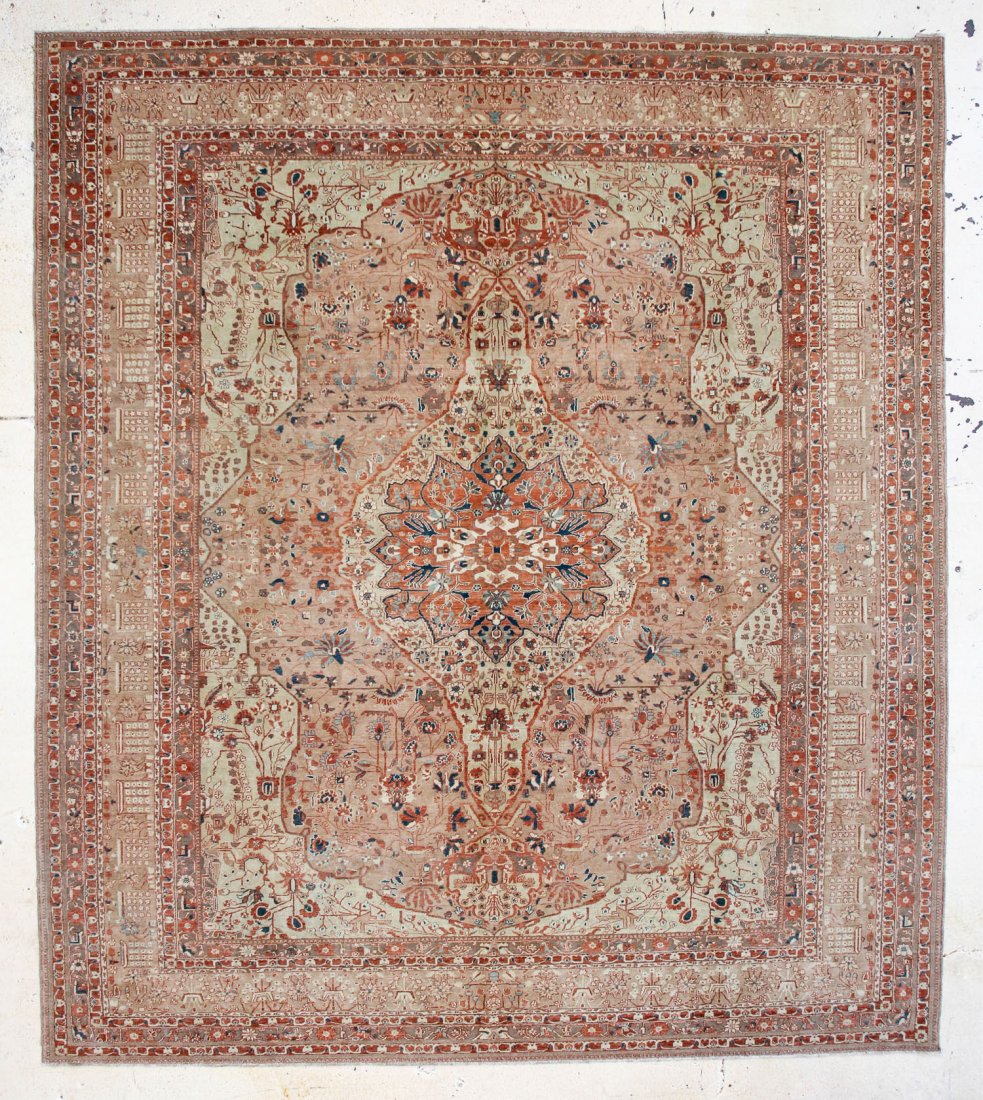 Mohtashem Style Carpet: 10'6" x 11'11": Mohtashem Style Carpet, Turkey, soft camel field and border, floral sprays, pale celadon corners; excellent color and condition. Size: 10'6" x 11'11". Cost for us to pack and ship this item via UPS GR