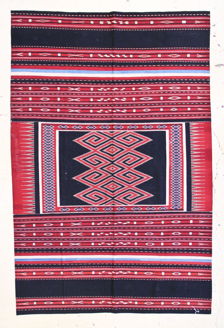 Modernist Kilim Carpet: 6' x 9': Modernist Kilim Carpet, hand-woven mixed tapestry weave,wool, natural dyes, design derived from middle eastern textiles. Clean, excellent condition. Suitable for floors and wall hanging. Size: 6' x 9'