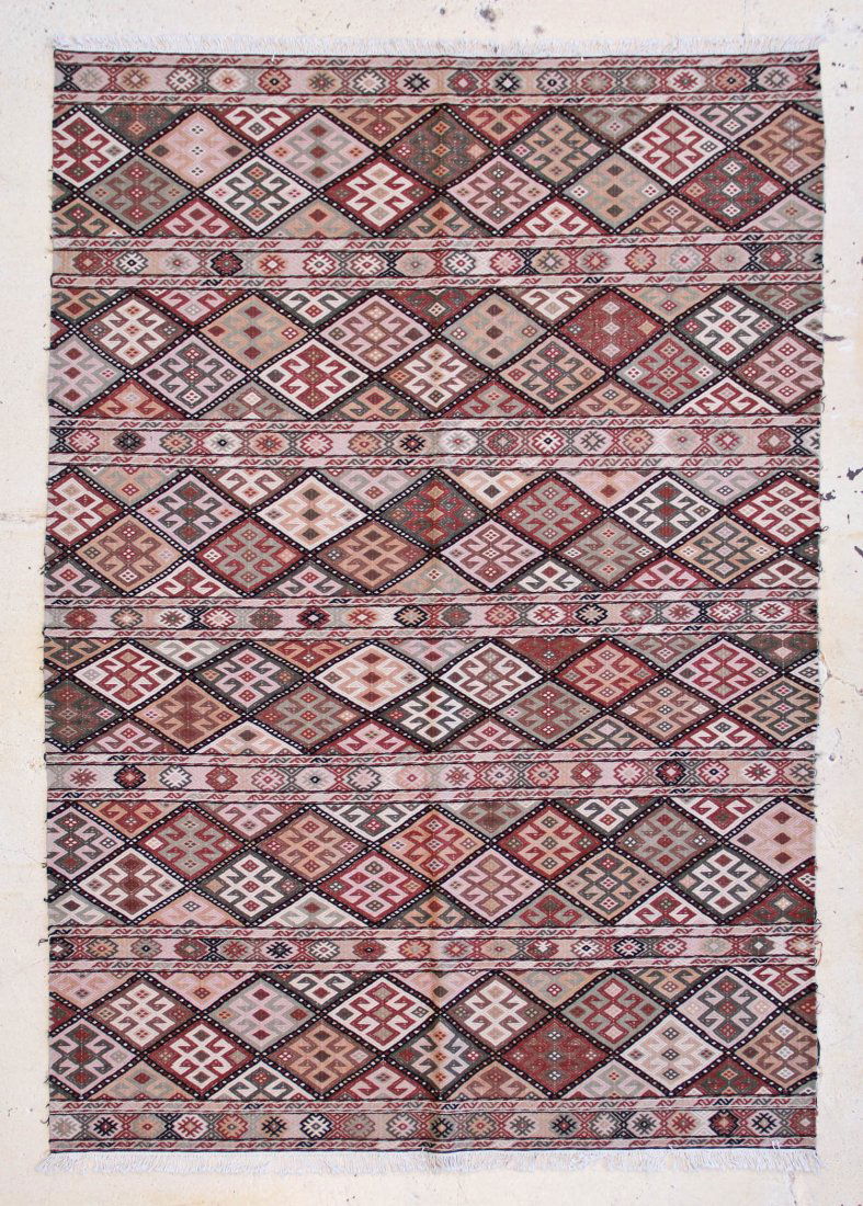Modernist Kilim Carpet: 6' x 9': Modernist Kilim Carpet, hand-woven mixed tapestry weave,wool, natural dyes, design derived from middle eastern textiles. Clean, excellent condition. Suitable for floors and wall hanging. Size: 6' x 9'