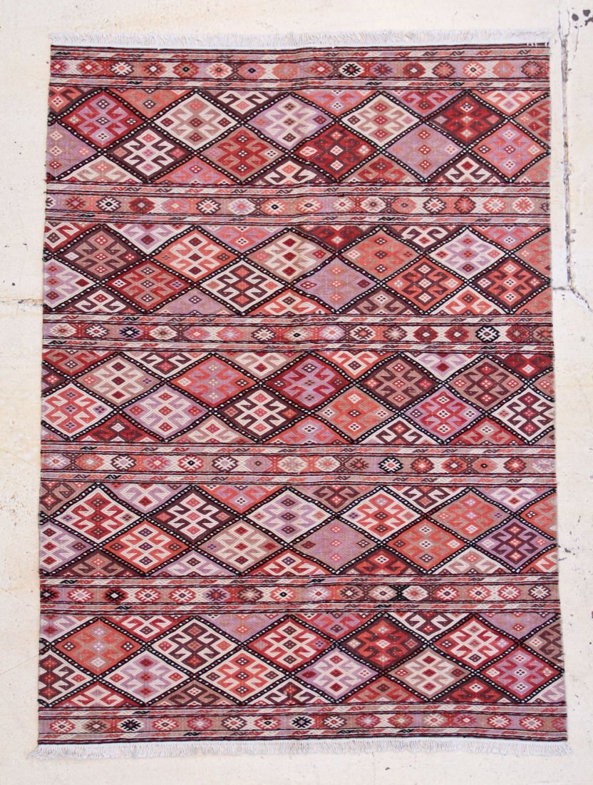 Modernist Kilim Carpet: 5' x 7': Modernist Kilim Carpet, hand-woven mixed tapestry weave,wool, natural dyes, design derived from middle eastern textiles. Clean, excellent condition. Suitable for floors and wall hanging. Size: 5' x 7'
