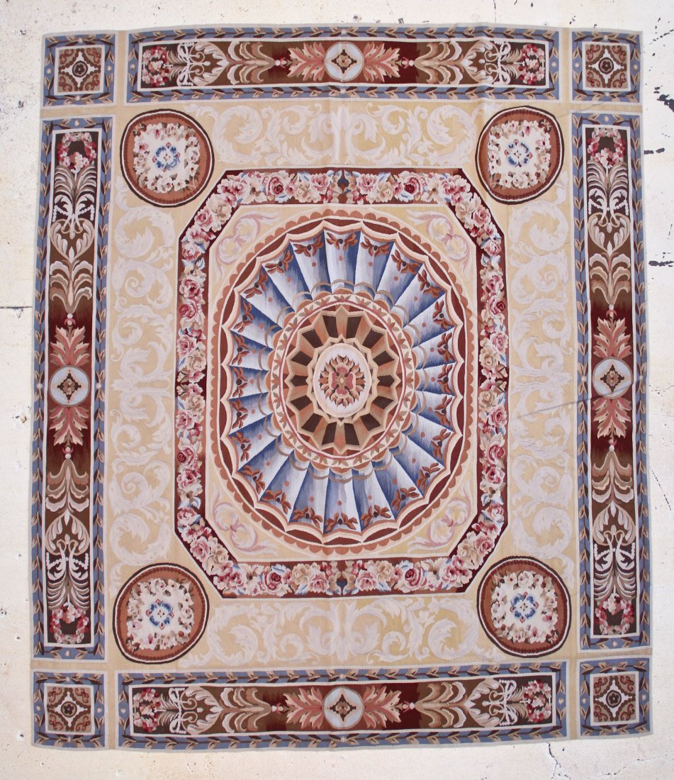 European Style Aubusson Carpet: 9' x 11': European Style Aubusson Carpet, wool. Size: 9' x 11'. Provenance: Michaelian & Kohlberg. Founded in 1921, Michaelian and Kohlberg has operated looms and designed carpets in virtually every traditional