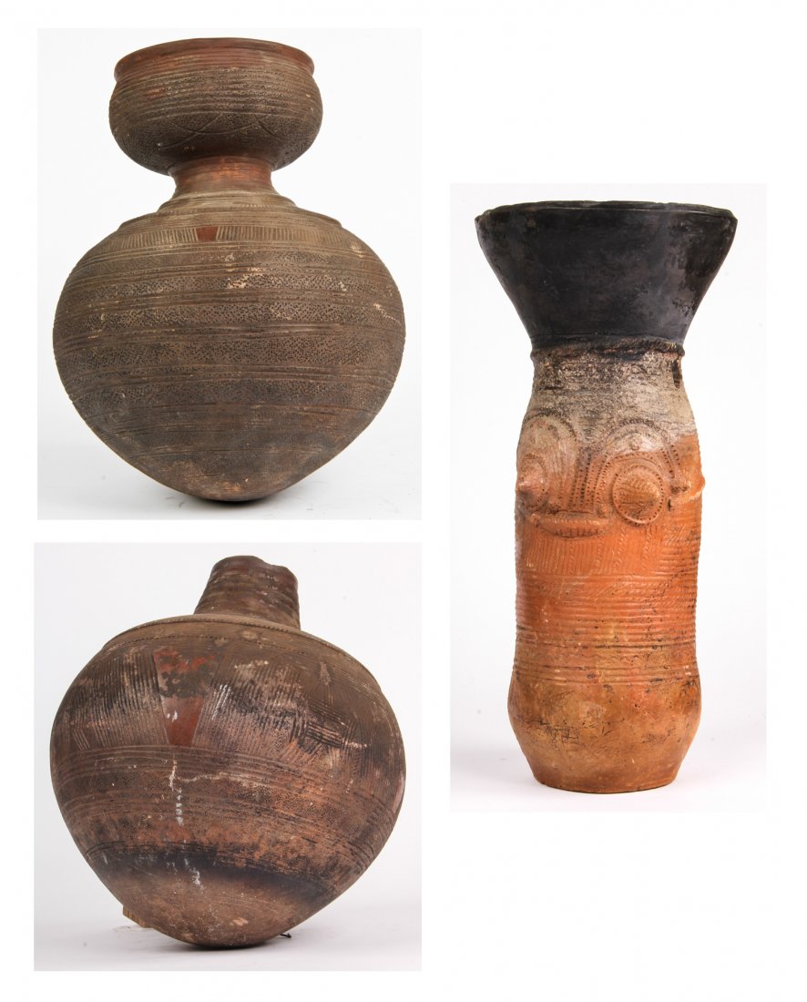 3 Nupe Water Jugs: 3 Nupe Water Jugs, Africa. Size: largest 24" x 11" x 11". Provenance: Private East Coast Collection.
