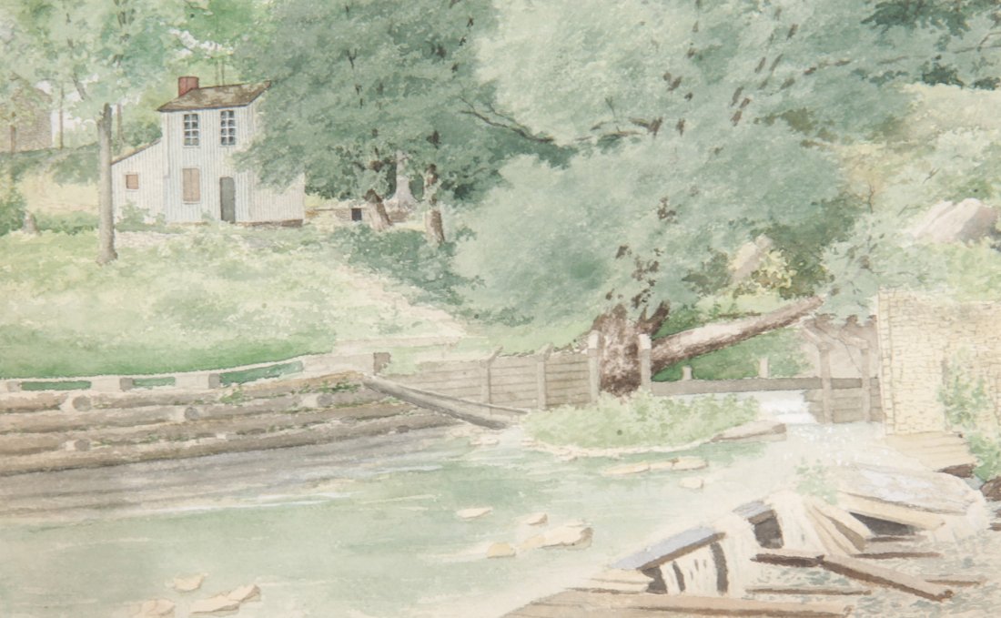 R.W. Mitchell (Pennsylvania) Watercolor: R.W. Mitchell (Pennsylvania). Watercolor. Mill scene. Pennsylvania regionalist. Size: 9" x 14.5" sight, 15.5" x 20.5" frame.