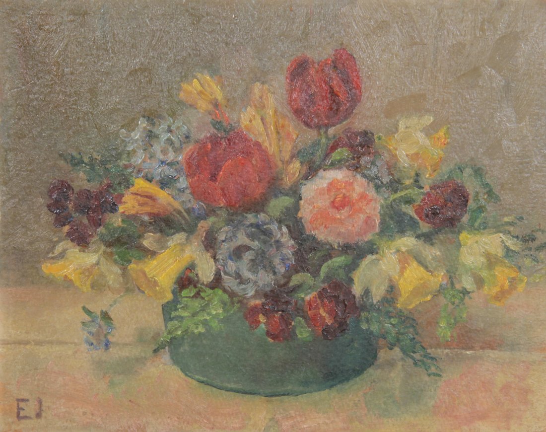 Elise Jurgensen. (Scandinavian) Painting. Floral Still: Elise Jurgensen. (Scandinavian) Painting. Floral Still Life. Initialed EJ on lower left hand corner. Handwritten dedication on reverse and signed by the artist. Size: 10.5" x 13.5" (sight), 14" x 17" 