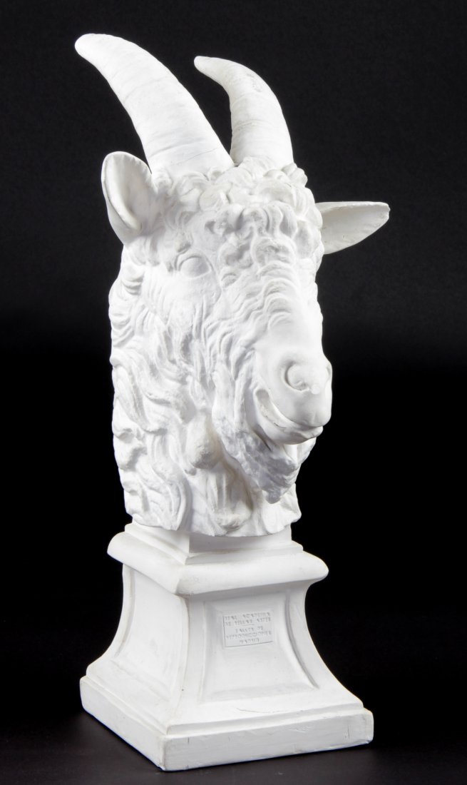 Royal Academy of the Fine Arts, Madrid Plaster Casting: Classically sculpted Ram's Head Plaster Casting. Spanish, with text at the plinth that indicates an association to the Madrid Academy of Fine Arts. Example of important historic plaster cast used as c