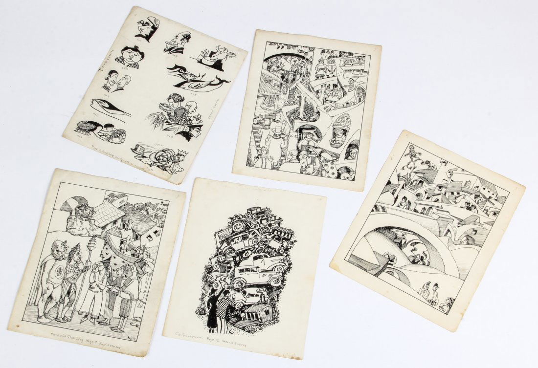 Collection of Jack Johnson Illustrations: Collection of Jack Johnson Illustrations. Five pages of illustrations bearing liner notes indicating their publication. Sizes: 12" x 10" (sheet).