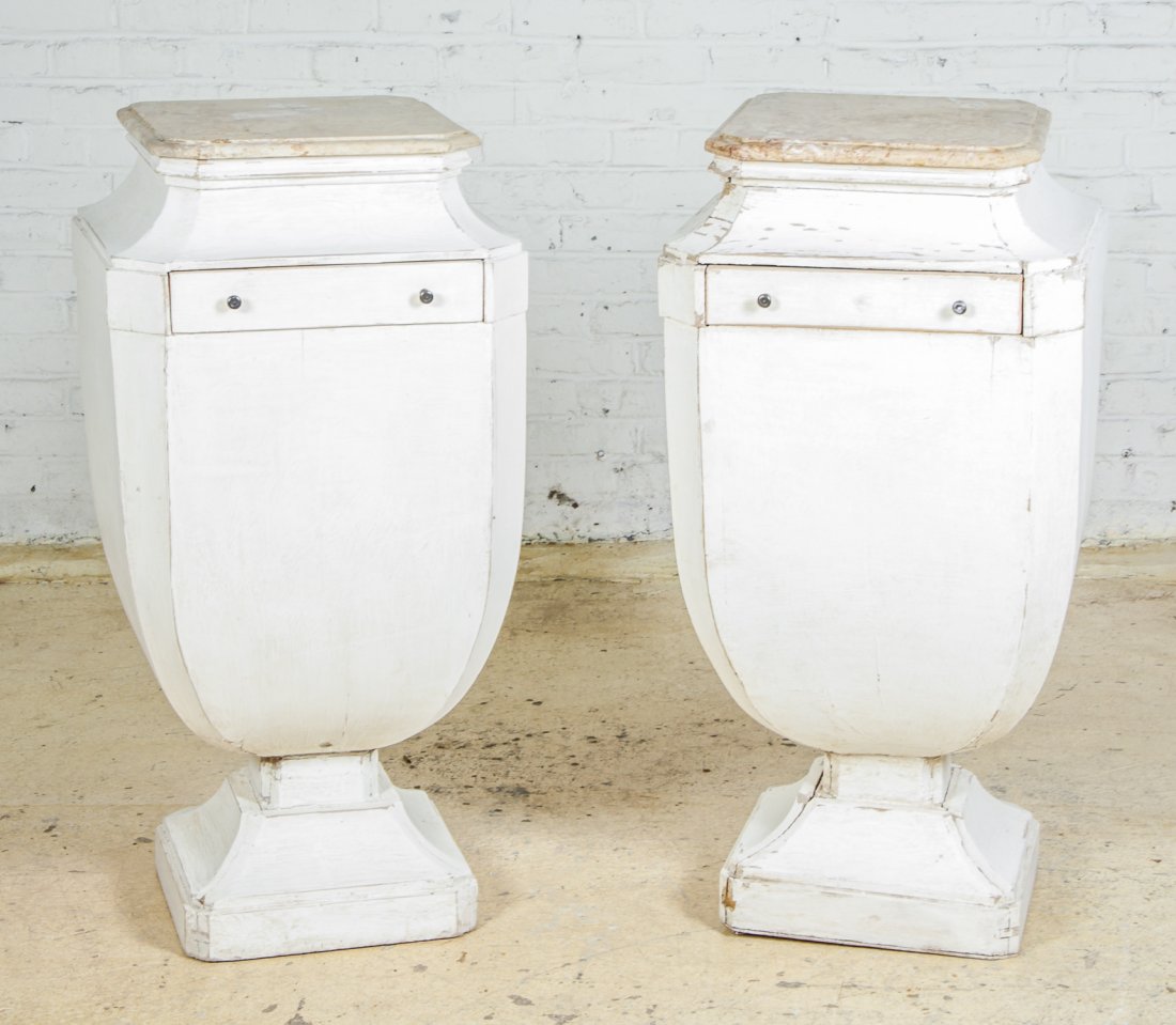 Two Marble Top Urn Form Pedestals: Two Marble Top Urn Form Pedestals. Perfect scale for a doorway garniture. Single drawer. Painted wood. Size: 40.5" x 20" x 20" (each).