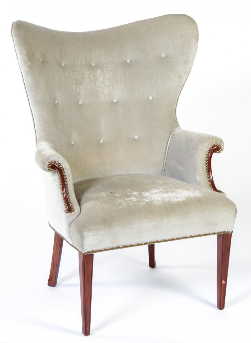 English Edwardian Wing Back Chair: English Edwardian Wing Back Chair. Size: 44" x 31" x 21".