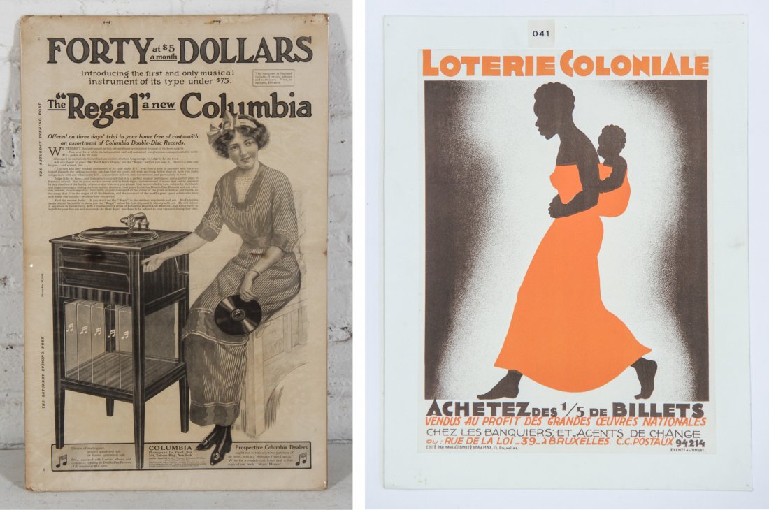 Lot of Two Vintage Ephemeral Advertising Posters: Lot of Two Vintage Ephemeral Advertising Posters. One for a Colonial Lottery & the other featuring the Columbia Record Player. Size: 22" x 14".