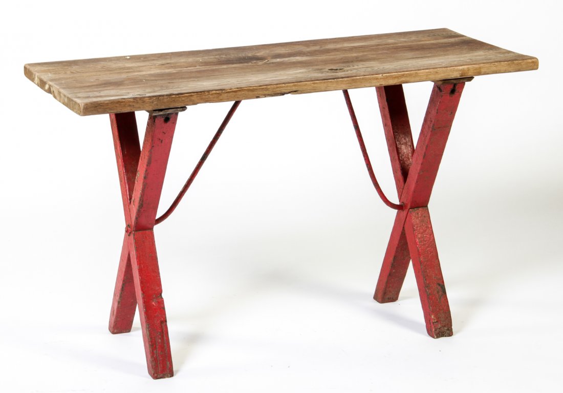 Rustic Industrial Table with Iron Stretchers: Rustic Table with Iron Stretchers. Size: 29" x 48" x 19".