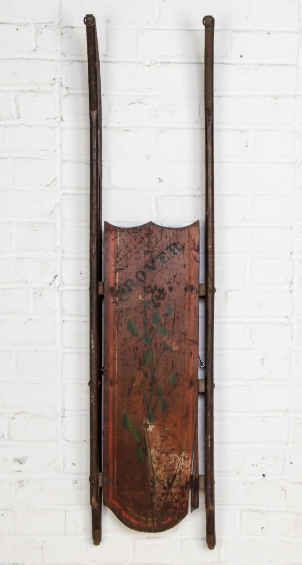 Antique Wooden Sled: Antique Wooden Sled. Painted deck that reads "rover". Size: 48" x 11" x 3.5".