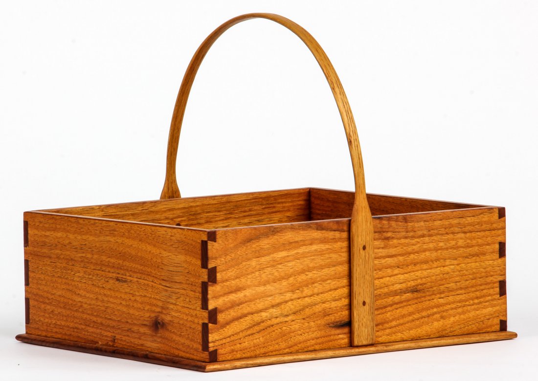 Studio Made Basket Signed Robson 1986: Studio Made Basket Signed Robson 1986. Master joinery techniques used to make this dovetailed box under a bentwood handle. Size: 12" x 12" x 10".