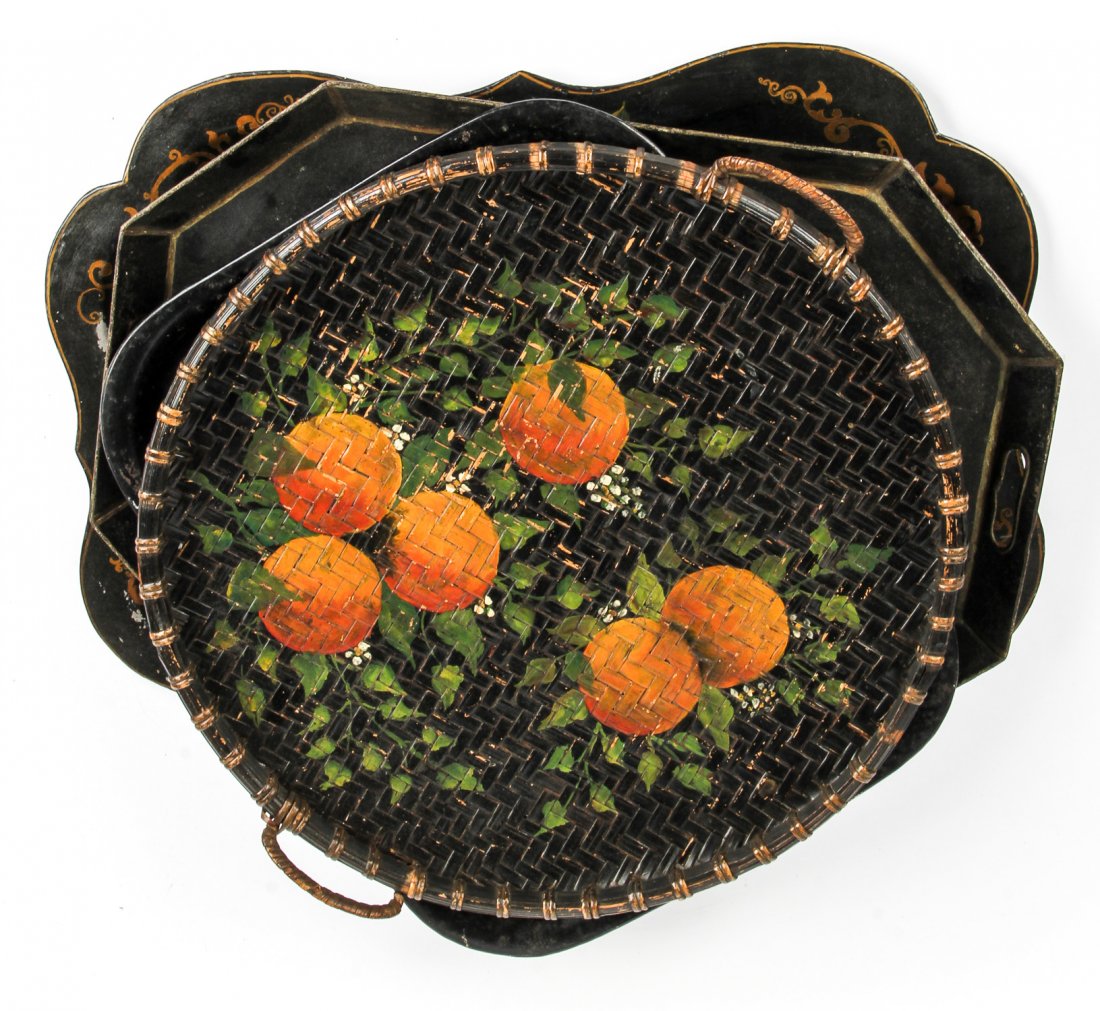 Three Tole Painted Trays and One Painted Basketry Tray: Three Tole Painted Trays and One Painted Basketry Tray. Size: 20" x 24" x 1" largest.