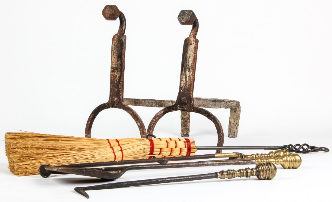 Colonial Gooseneck Firedogs and Associated Tools: Colonial Gooseneck Firedogs and Associated Tools. Size: 18" x 10" x 18". Provenance: Estate of Dr. Foggs.